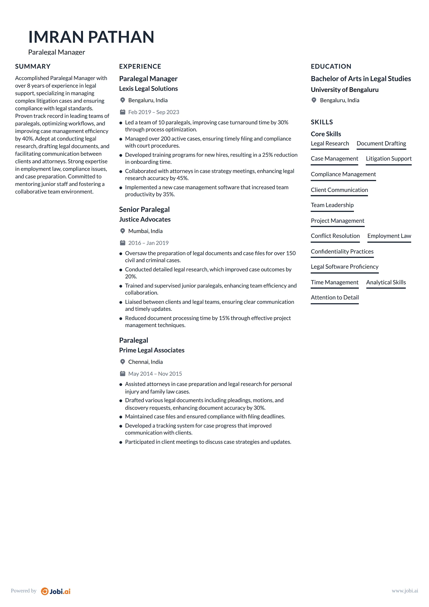 Paralegal resume example — Paralegal Manager