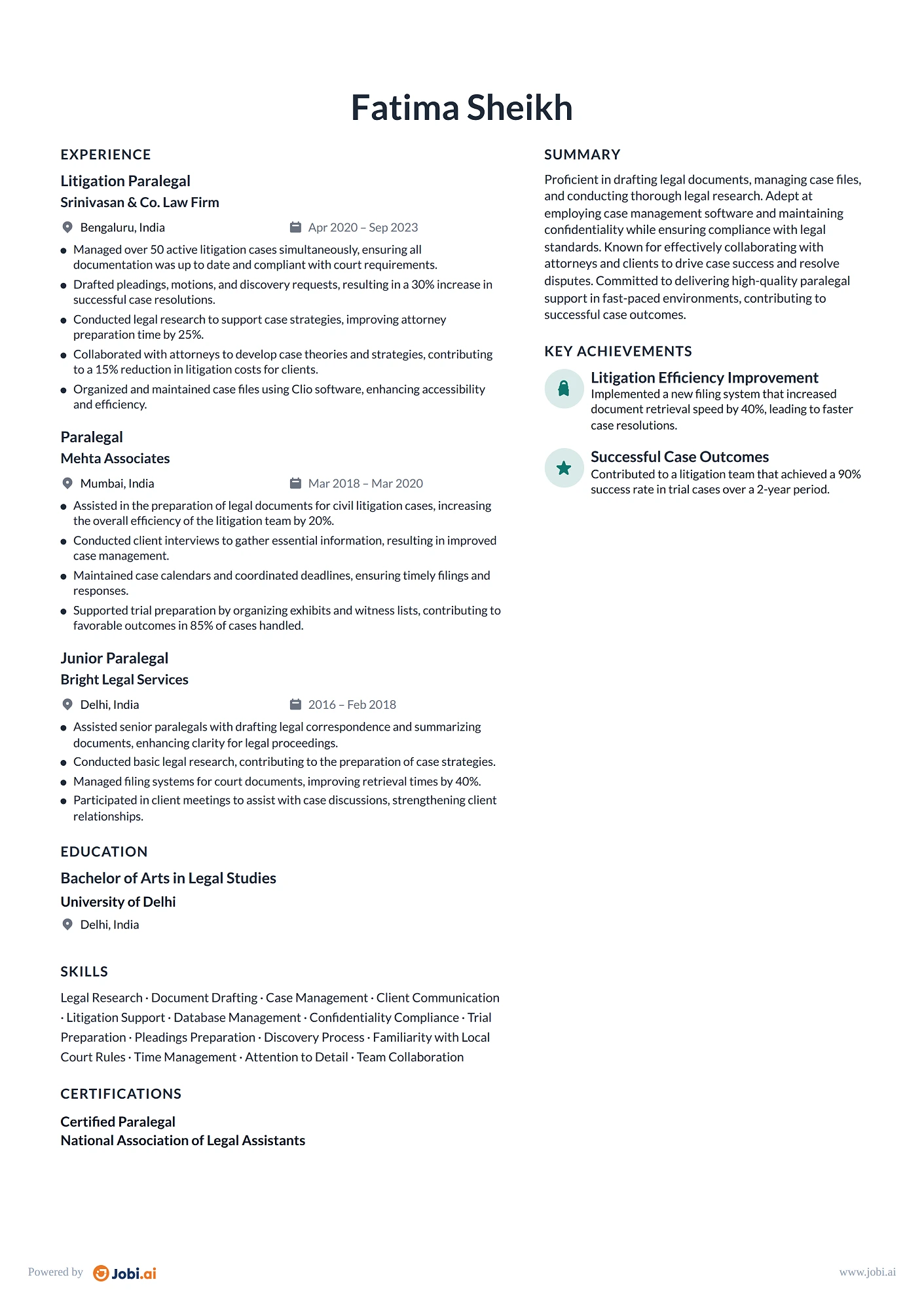 Paralegal resume example — Litigation Paralegal