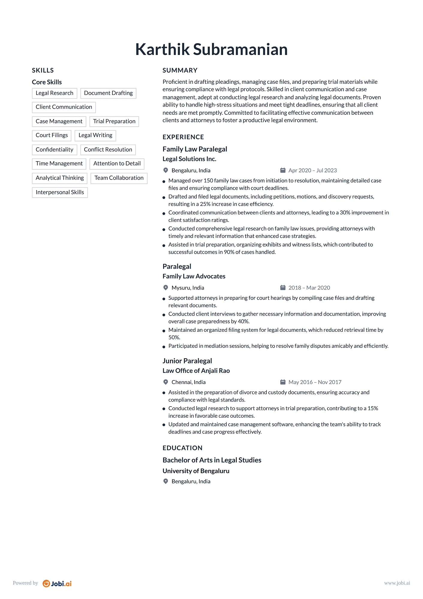 Paralegal resume example — Family Law Paralegal