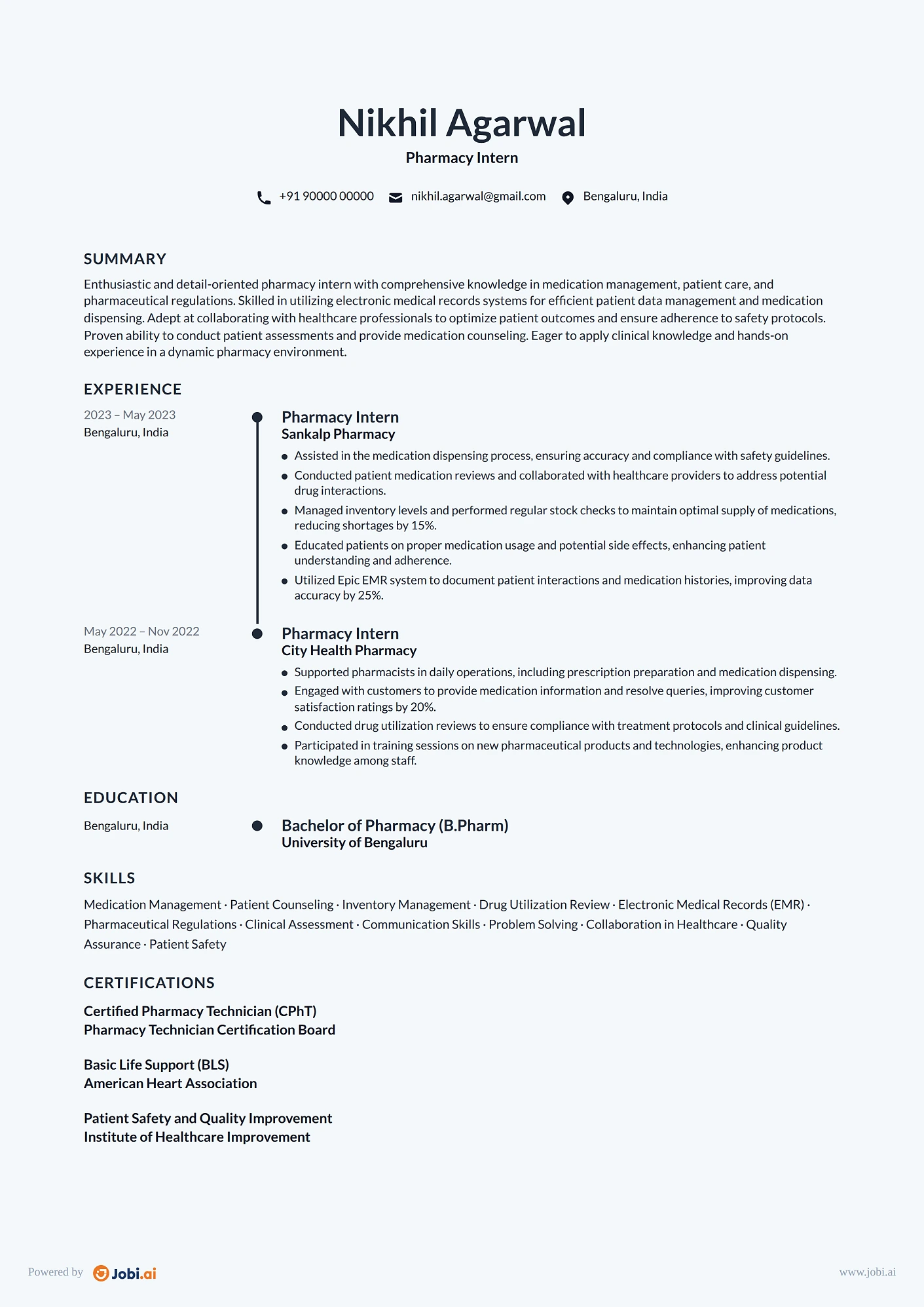 Pharmacist resume example — Pharmacy Intern