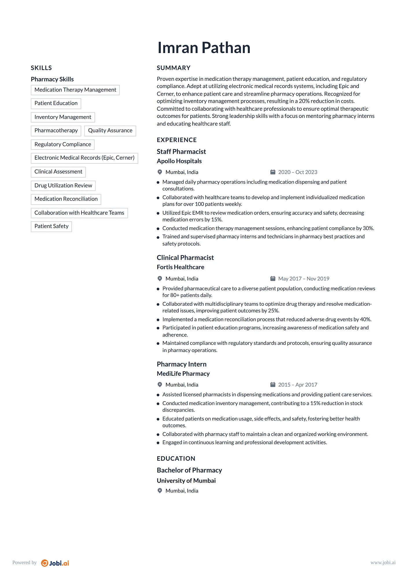 Pharmacist resume example — Staff Pharmacist