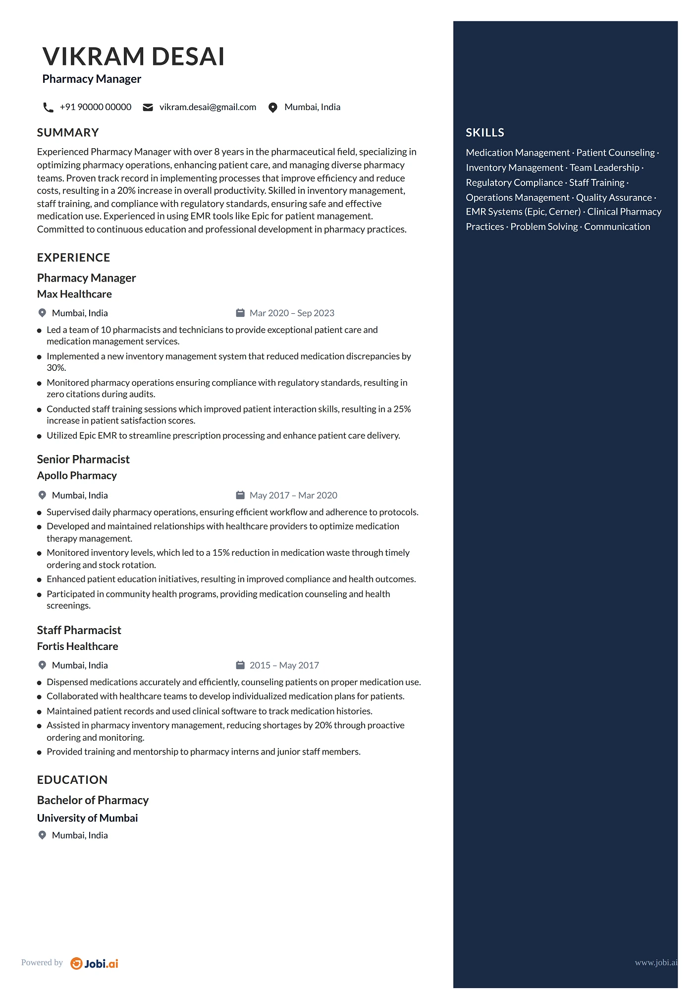 Pharmacist resume example — Pharmacy Manager