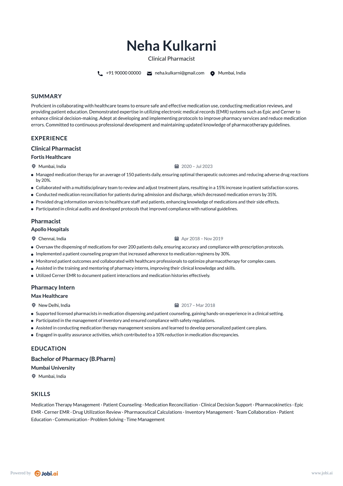 Pharmacist resume example — Clinical Pharmacist