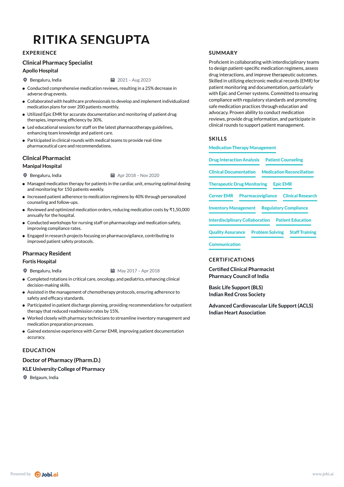 Pharmacist resume example — Clinical Pharmacy Specialist