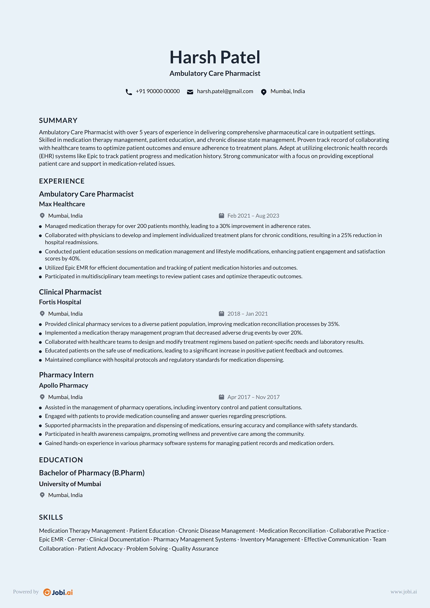 Pharmacist resume example — Ambulatory Care Pharmacist