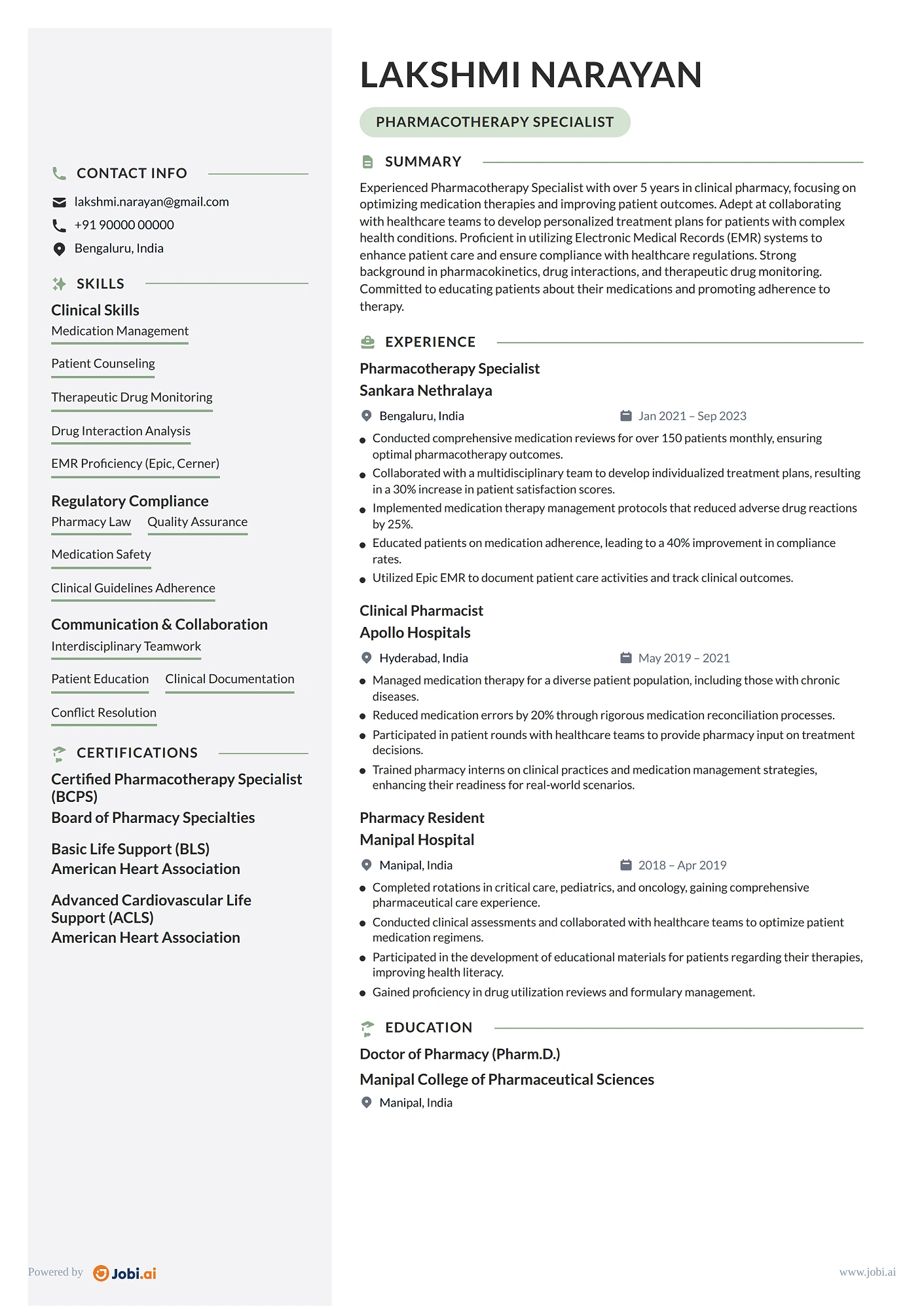 Pharmacist resume example — Pharmacotherapy Specialist