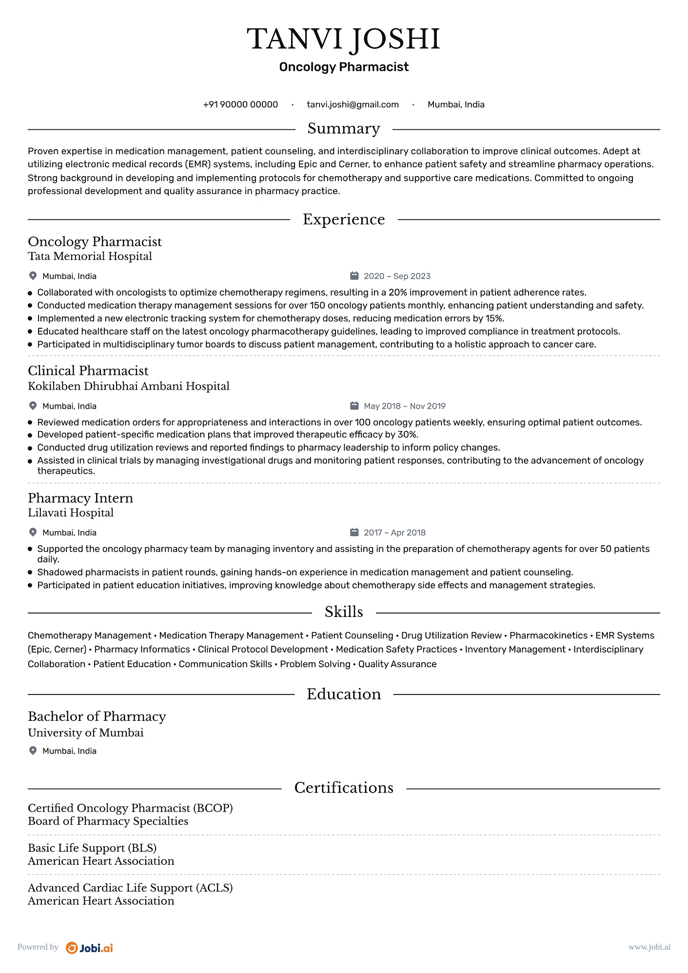 Pharmacist resume example — Oncology Pharmacist