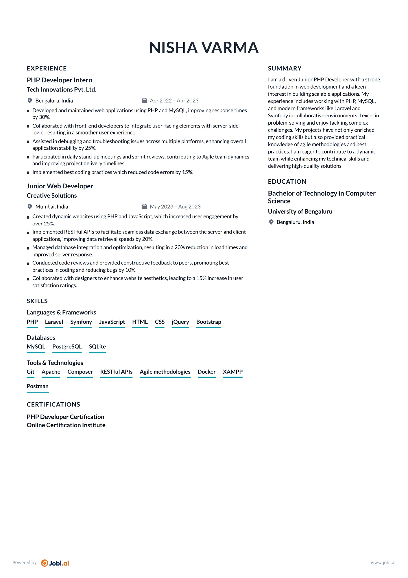 PHP Developer resume example — Junior PHP Developer