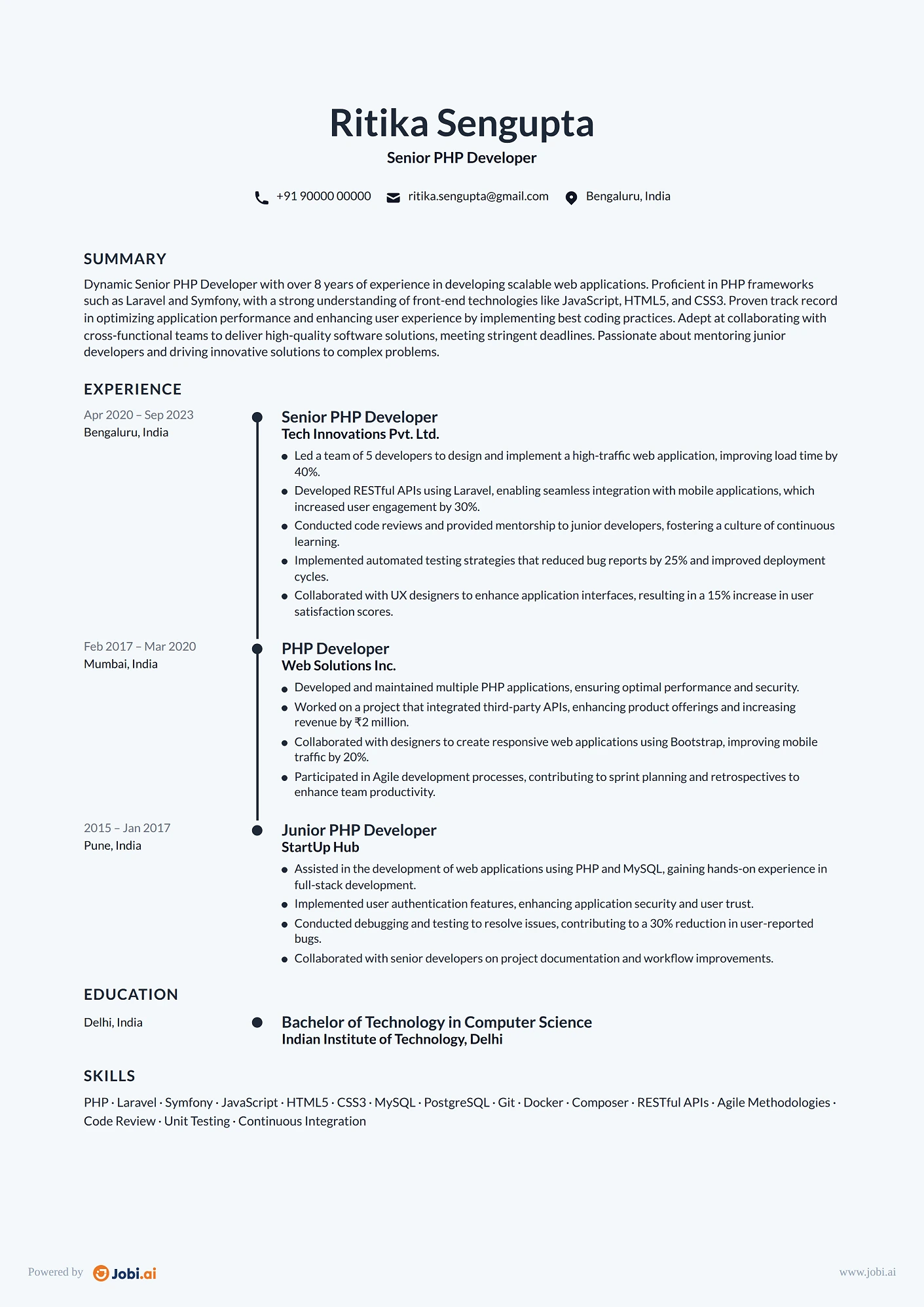 PHP Developer resume example — Senior PHP Developer