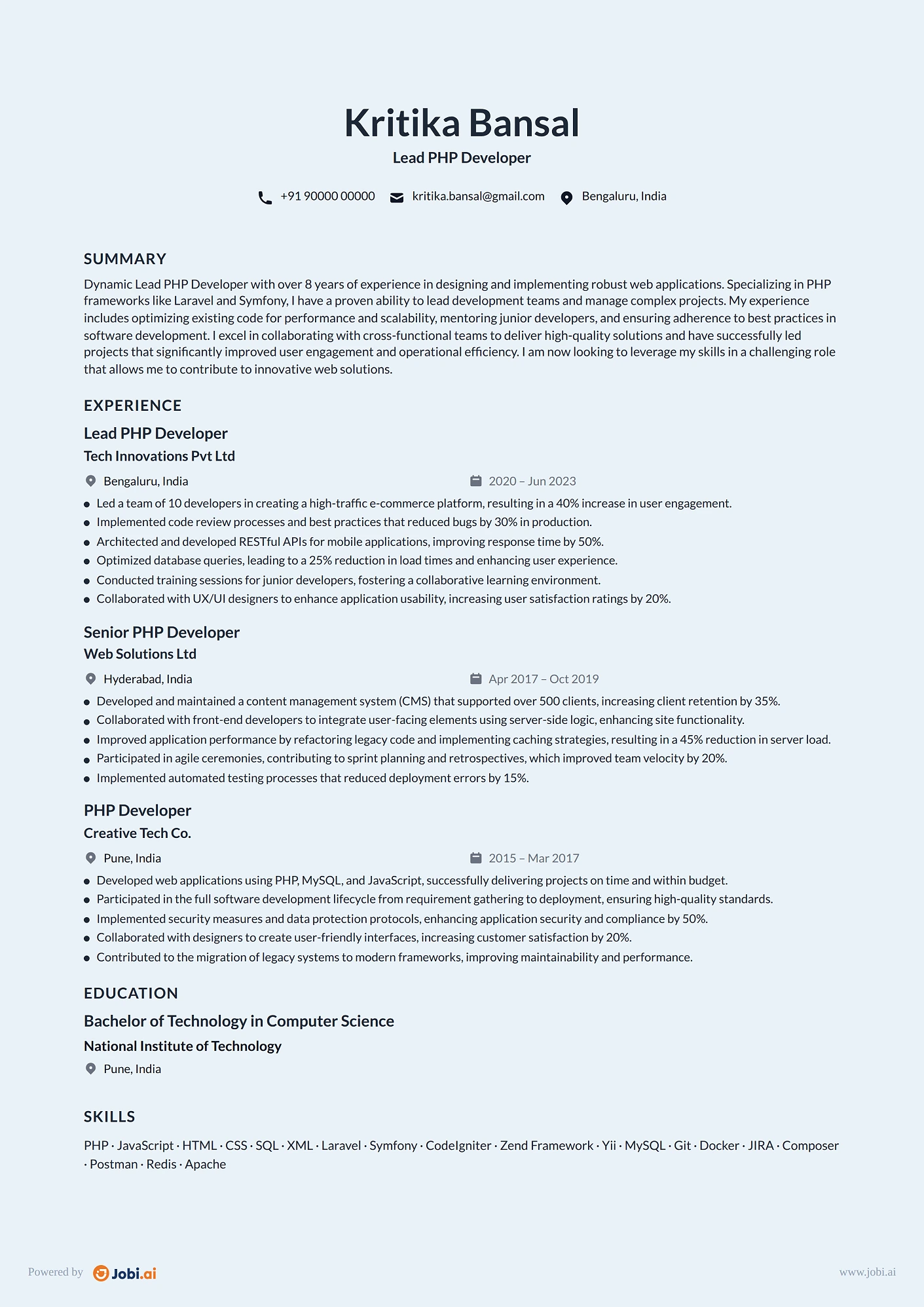 PHP Developer resume example — Lead PHP Developer