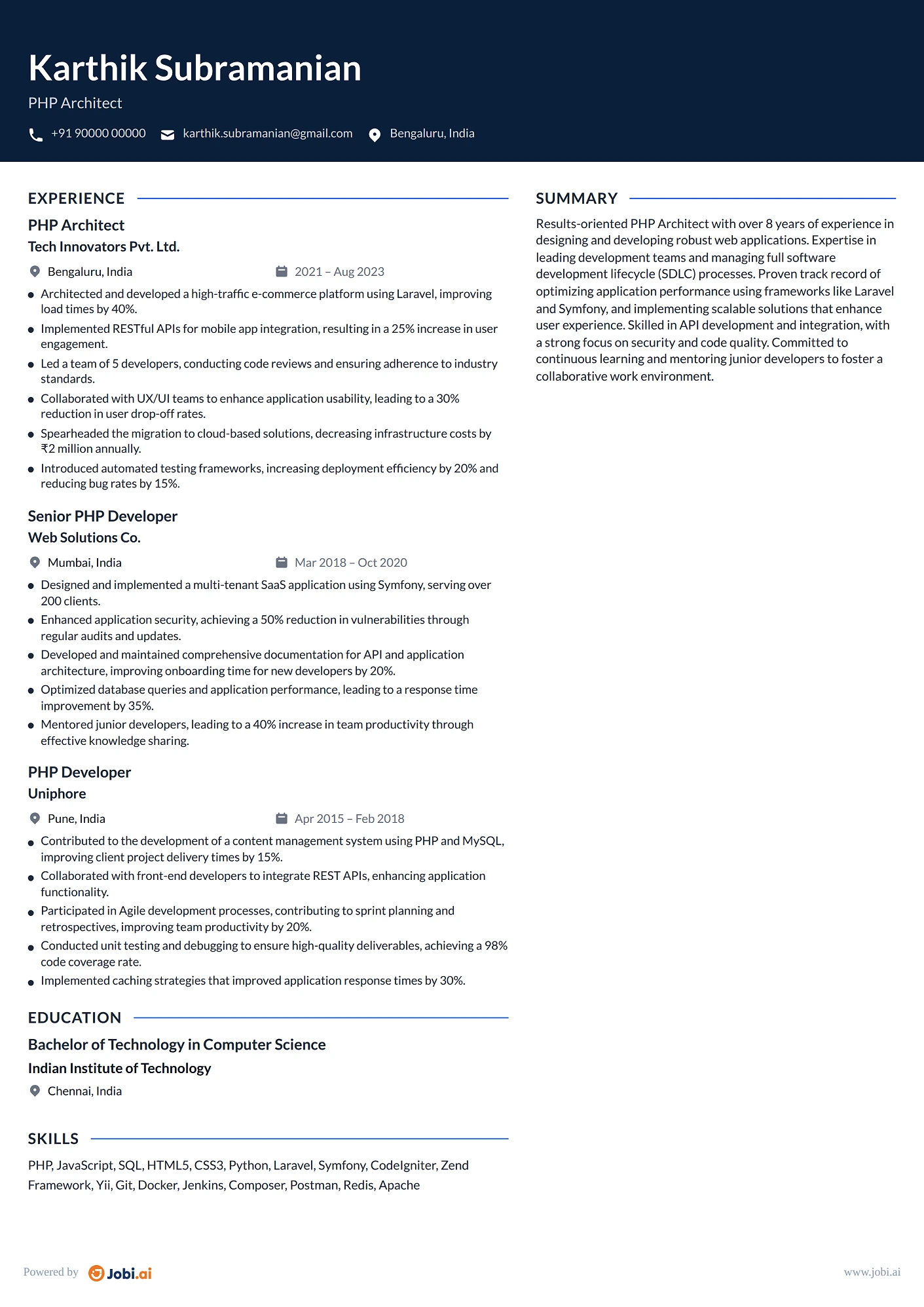 PHP Developer resume example — PHP Architect