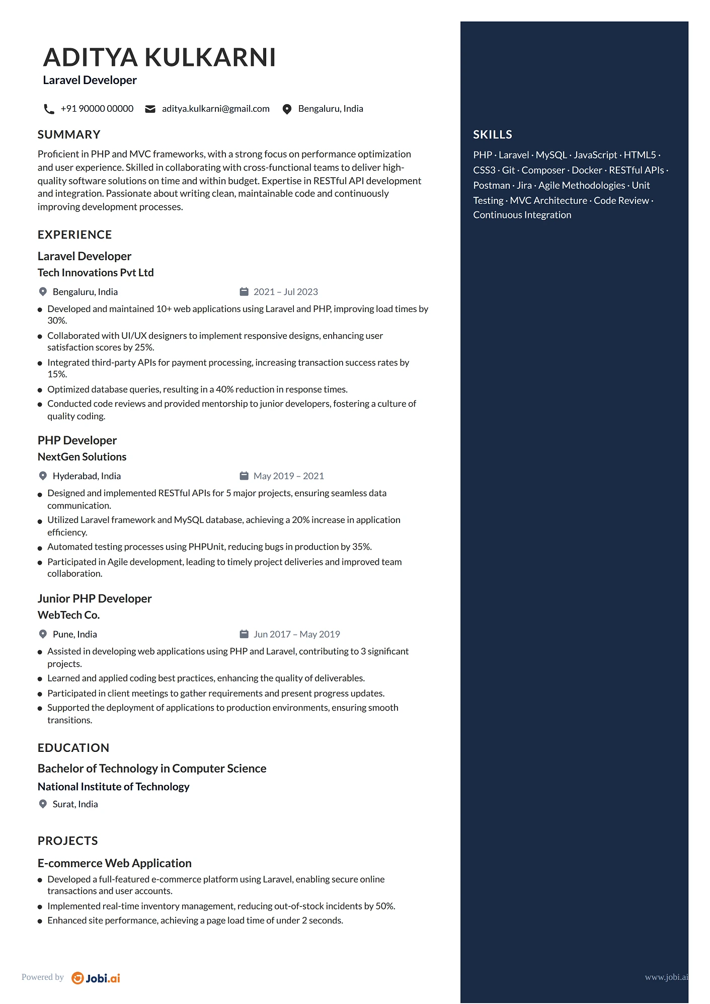 PHP Developer resume example — Laravel Developer