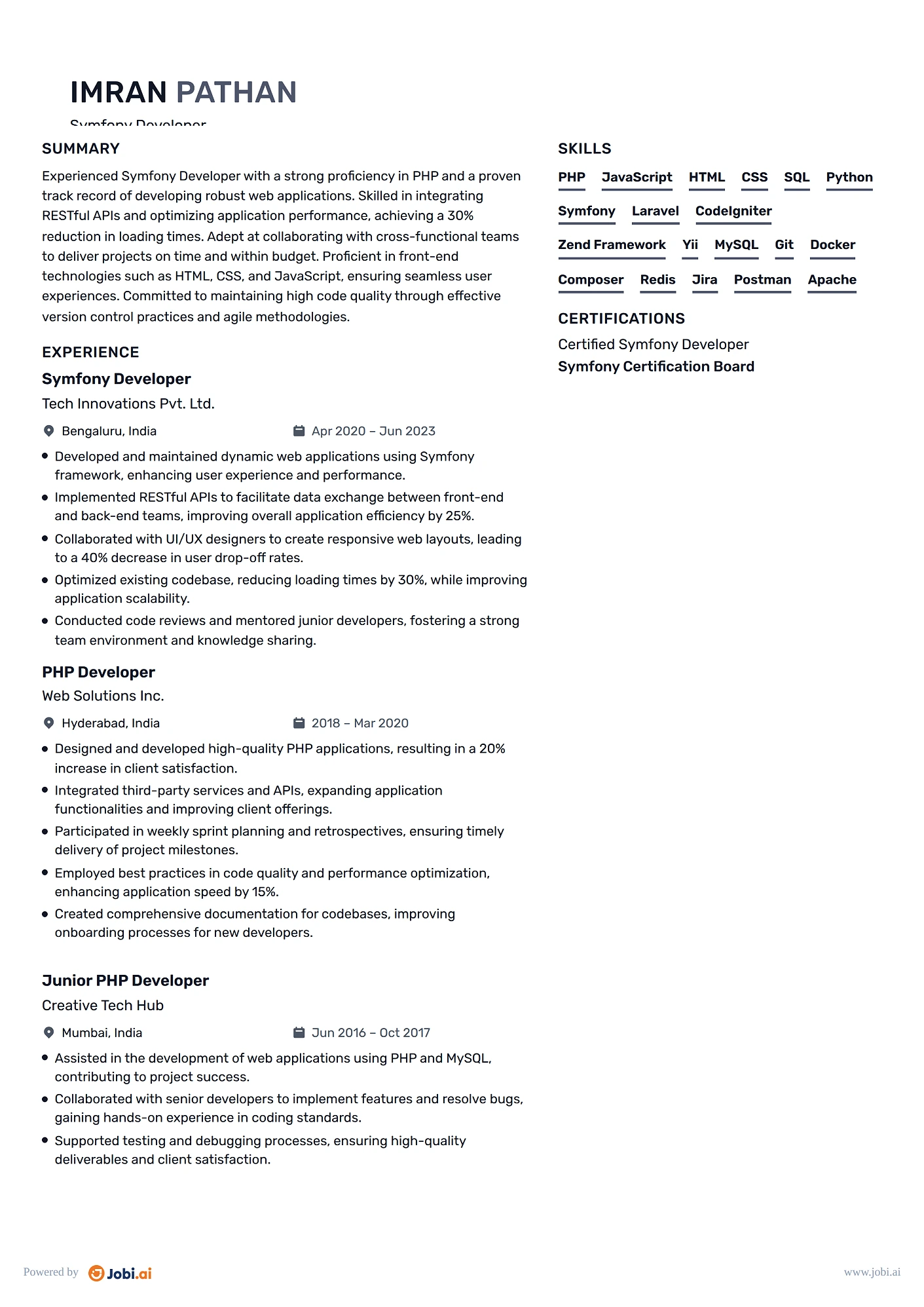 PHP Developer resume example — Symfony Developer