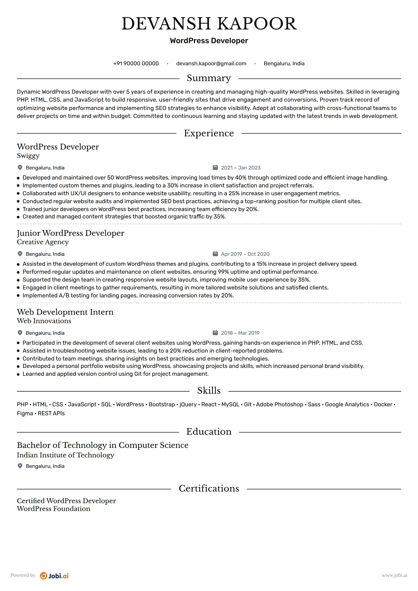 PHP Developer resume example — WordPress Developer
