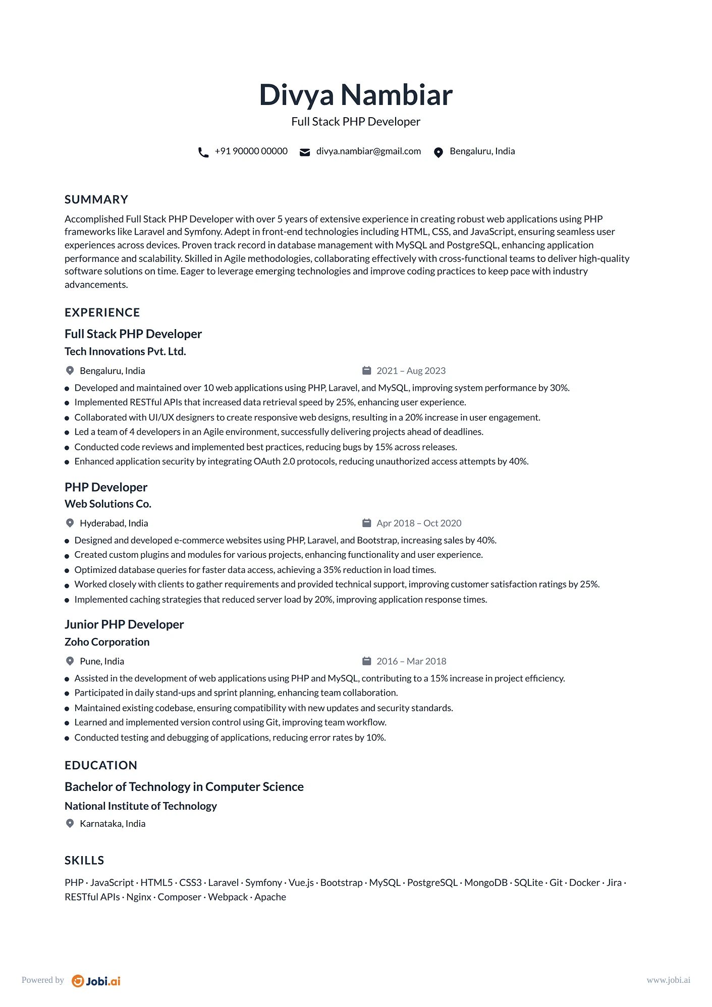 PHP Developer resume example — Full Stack PHP Developer