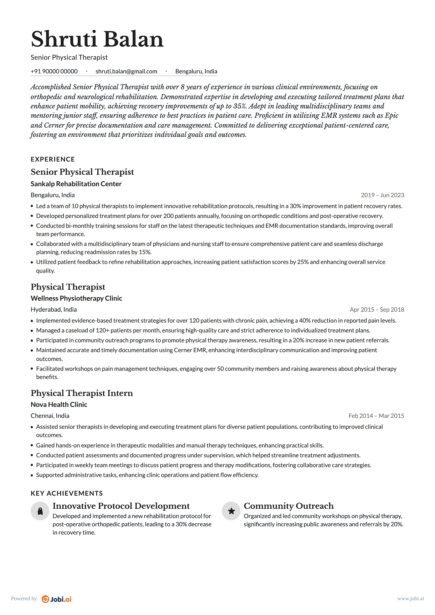 Physical Therapist resume example — Senior Physical Therapist