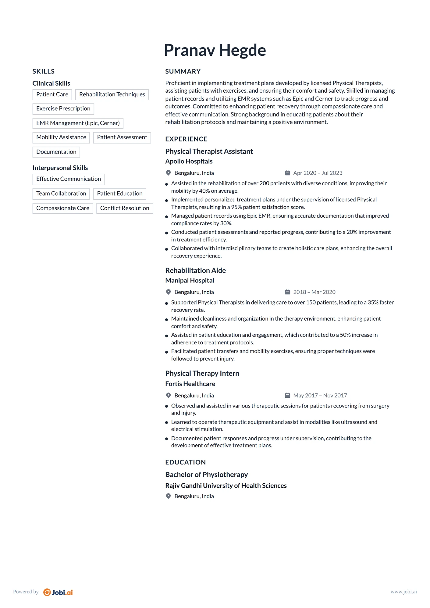 Physical Therapist resume example — Physical Therapist Assistant