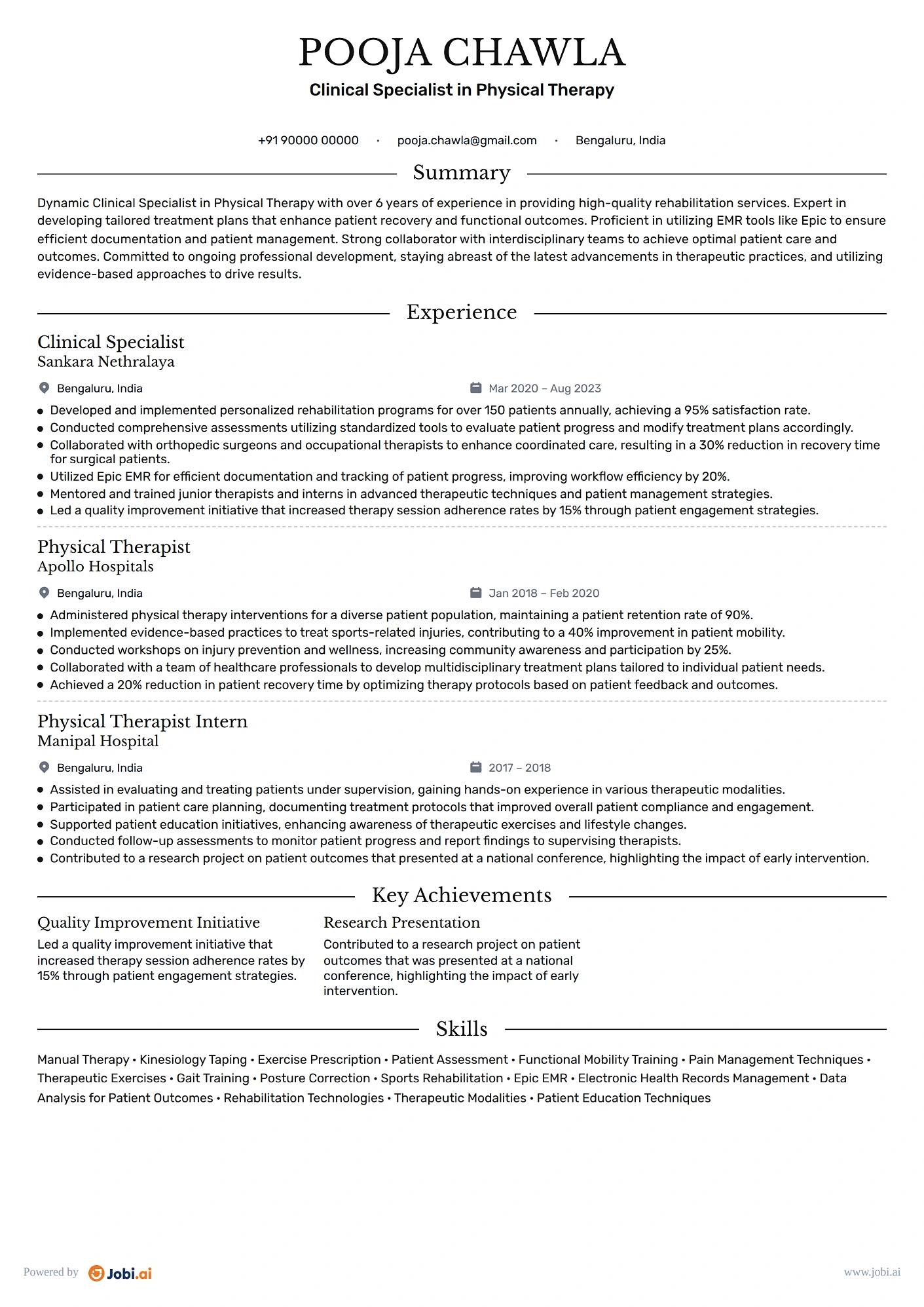 Physical Therapist resume example — Clinical Specialist in Physical Therapy