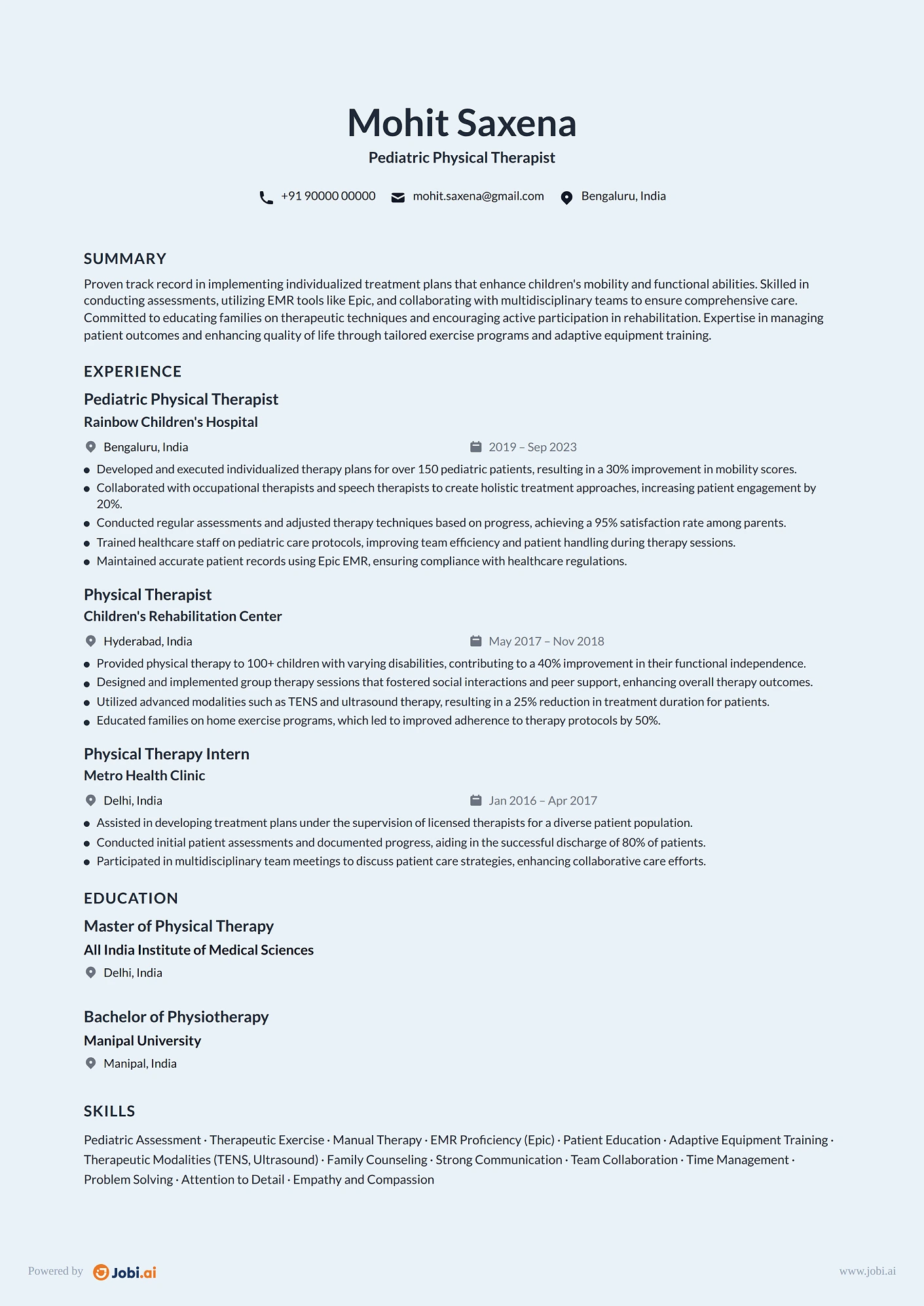 Physical Therapist resume example — Pediatric Physical Therapist