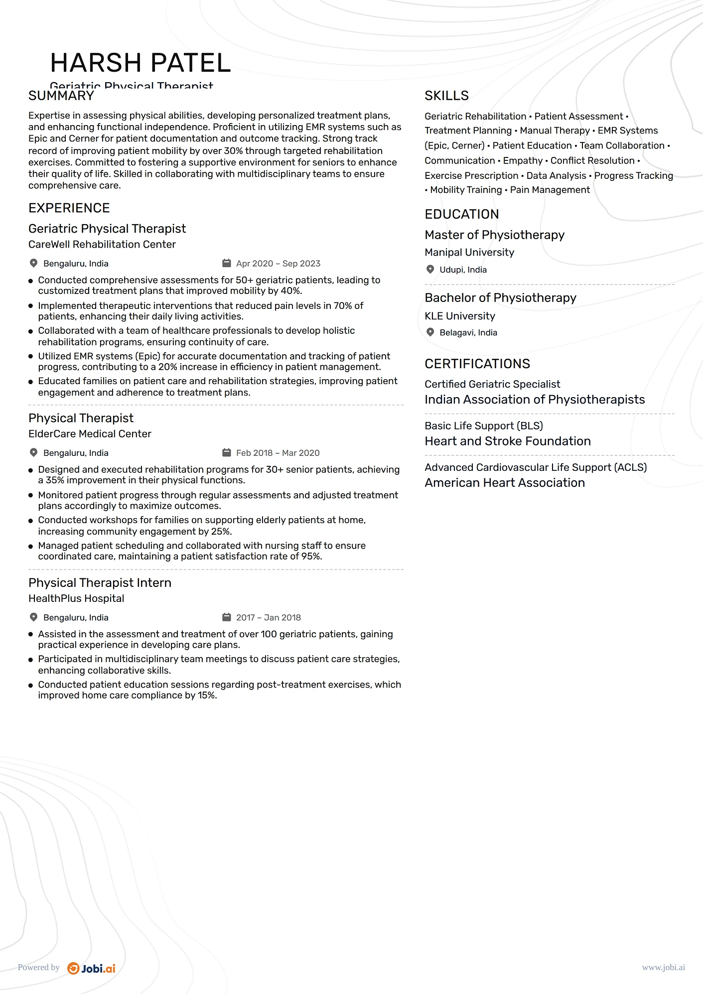 Physical Therapist resume example — Geriatric Physical Therapist