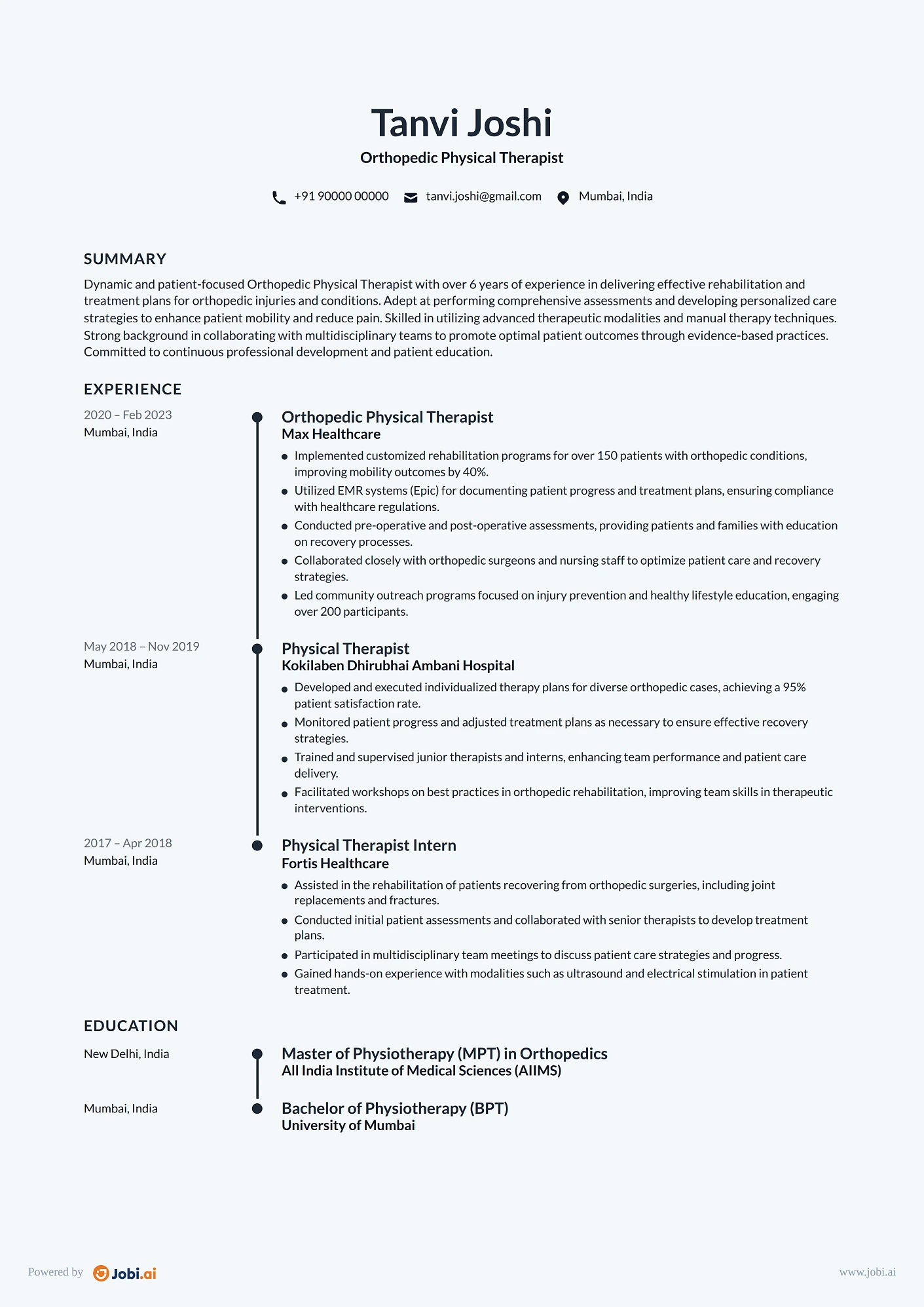 Physical Therapist resume example — Orthopedic Physical Therapist