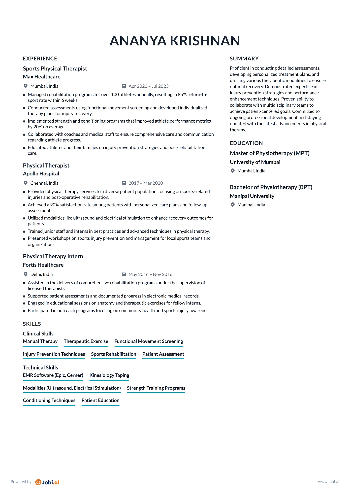 Physical Therapist resume example — Sports Physical Therapist
