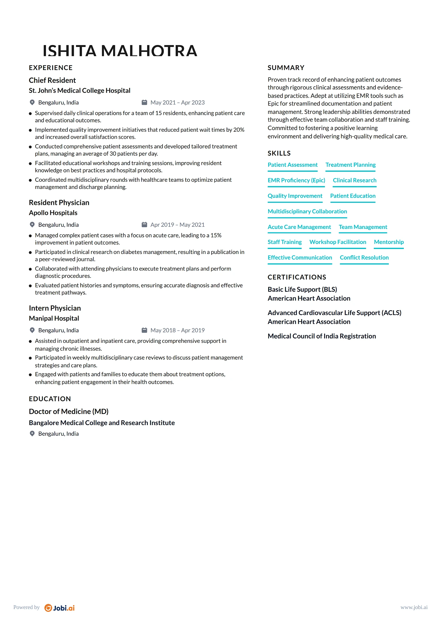 Physician resume example — Chief Resident