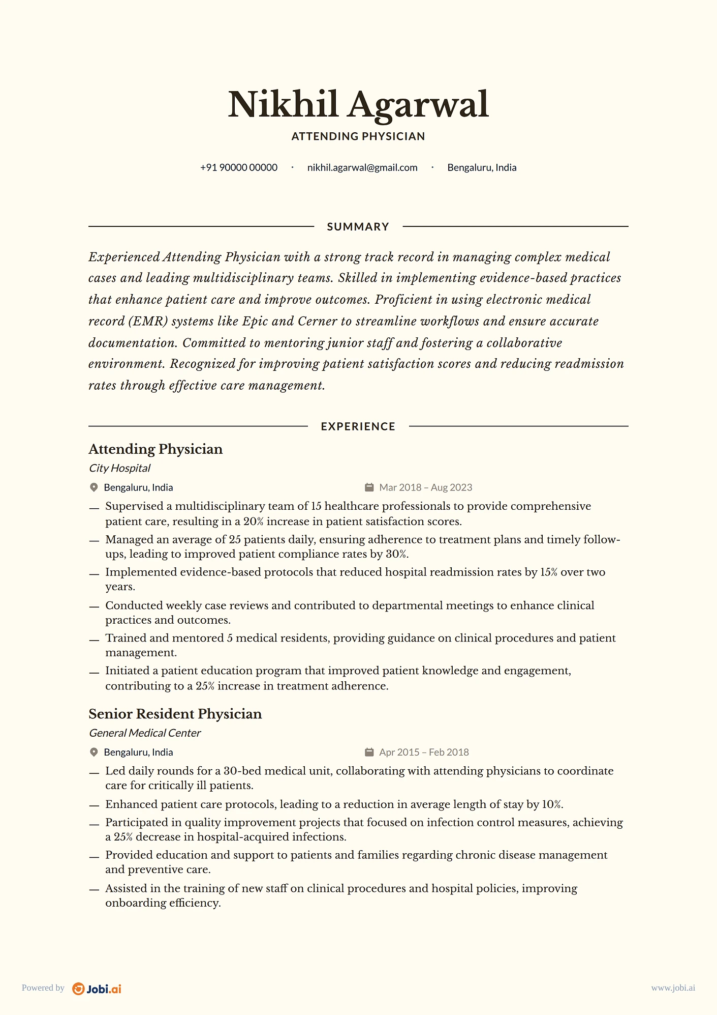 Physician resume example — Attending Physician