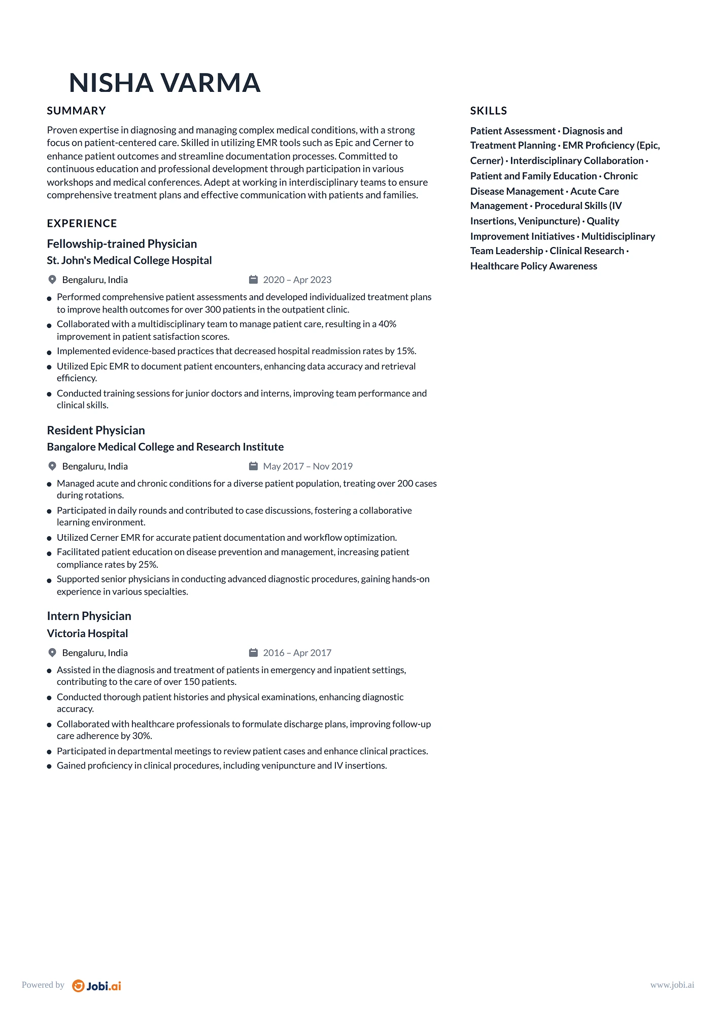 Physician resume example — Fellowship-trained Physician