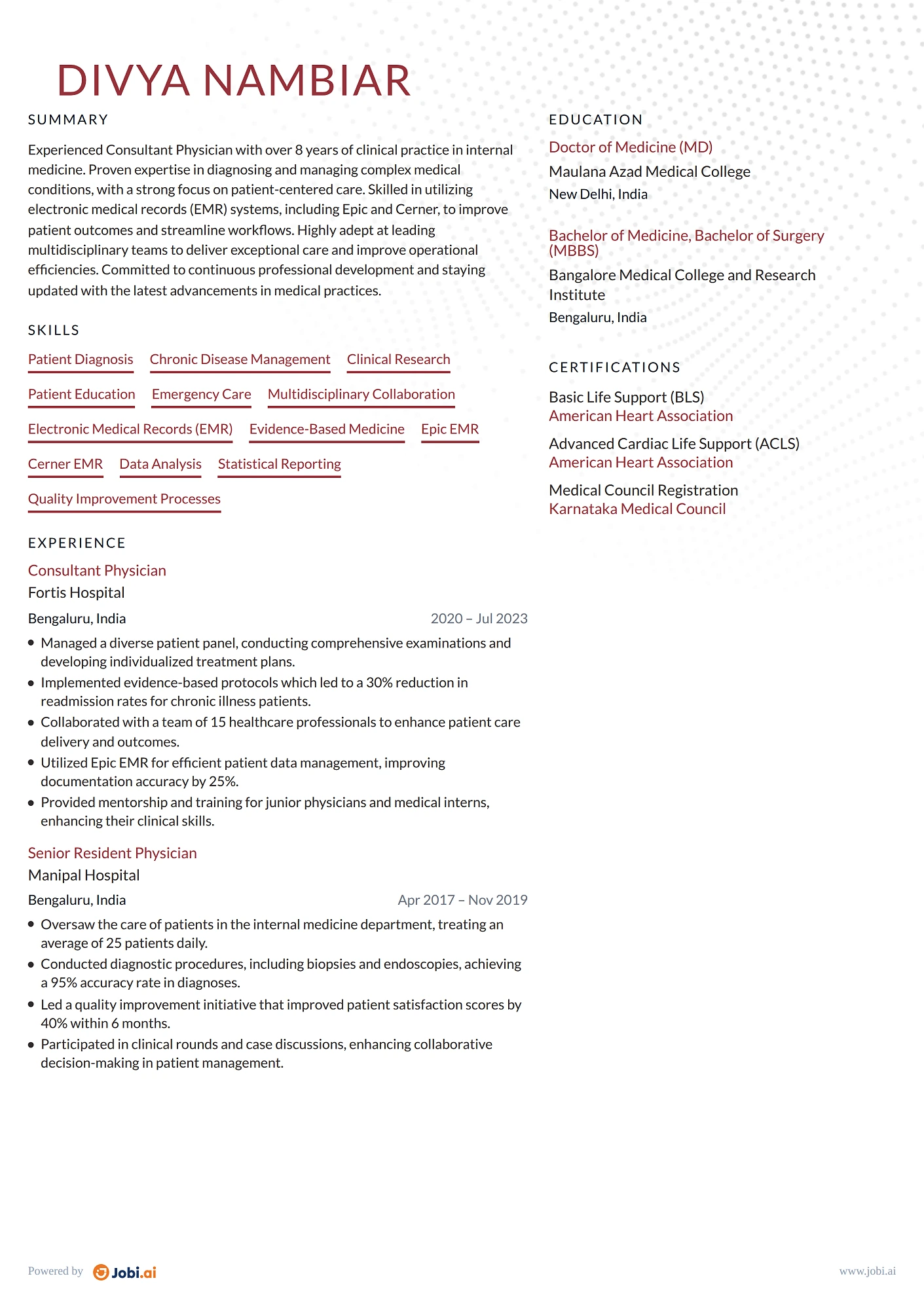 Physician resume example — Consultant Physician