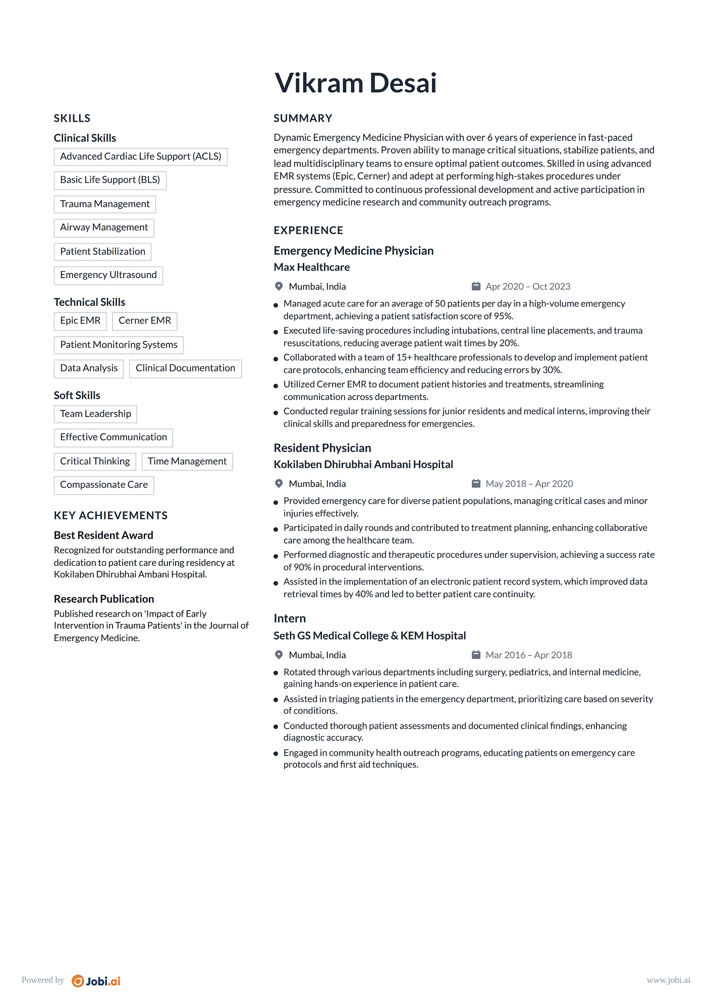 Physician resume example — Emergency Medicine Physician