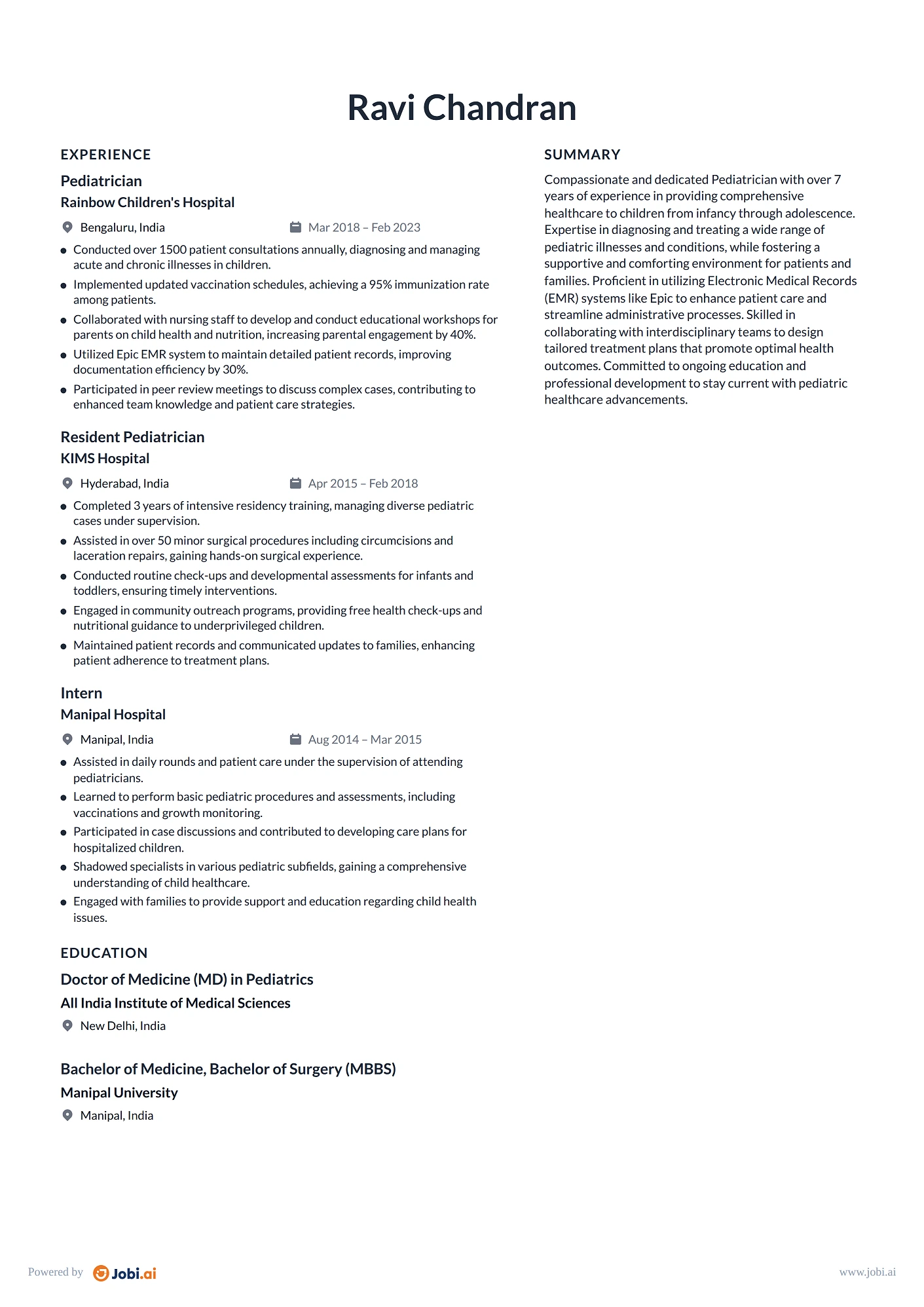 Physician resume example — Pediatrician