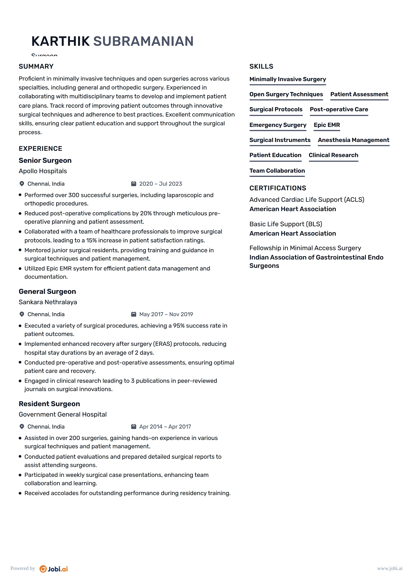 Physician resume example — Surgeon