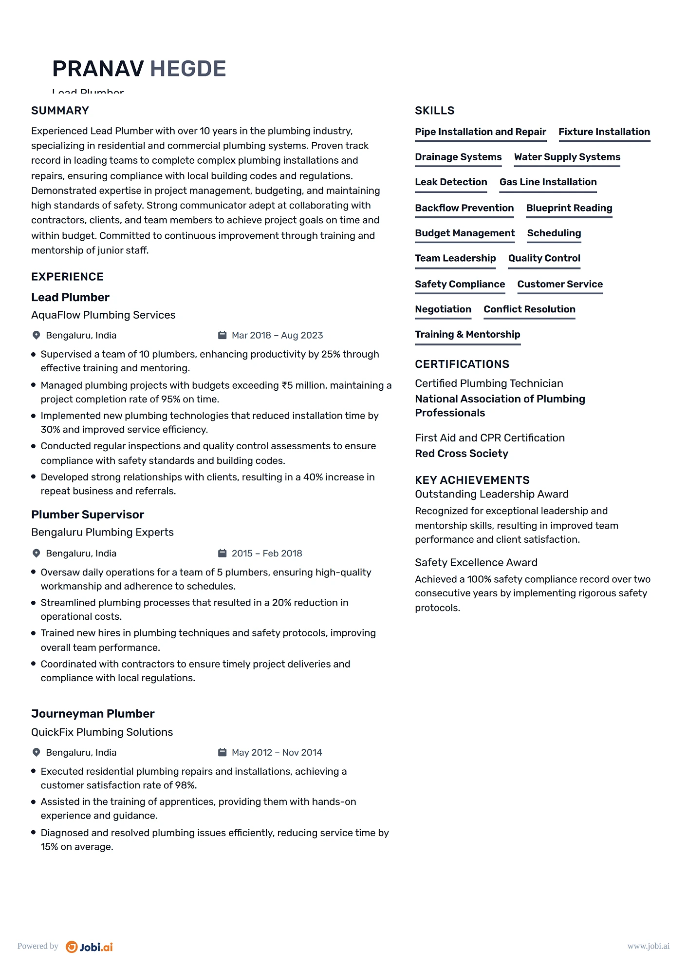 Plumber resume example — Lead Plumber
