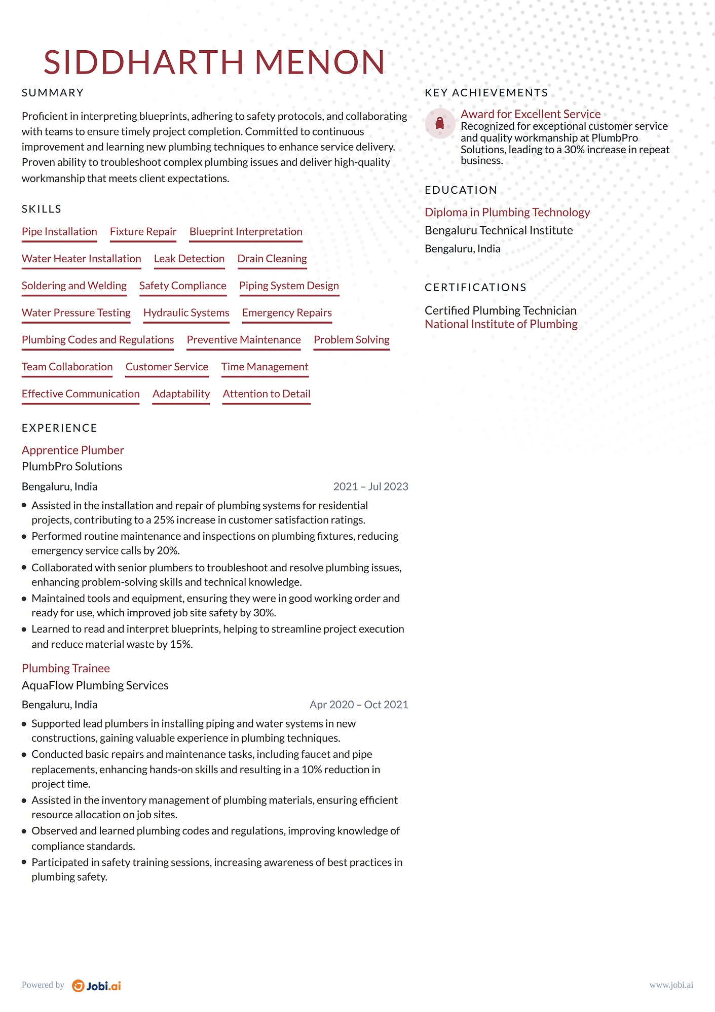 Plumber resume example — Apprentice Plumber