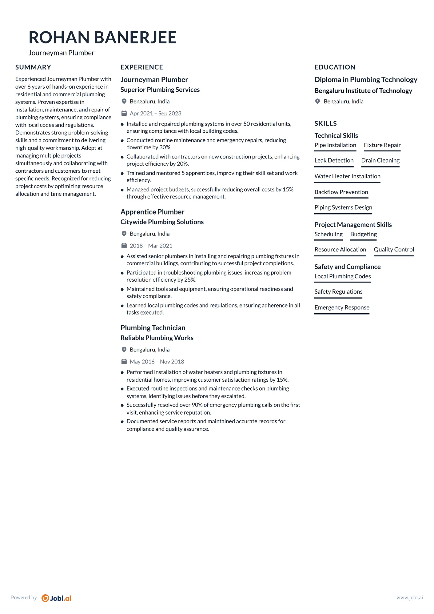 Plumber resume example — Journeyman Plumber