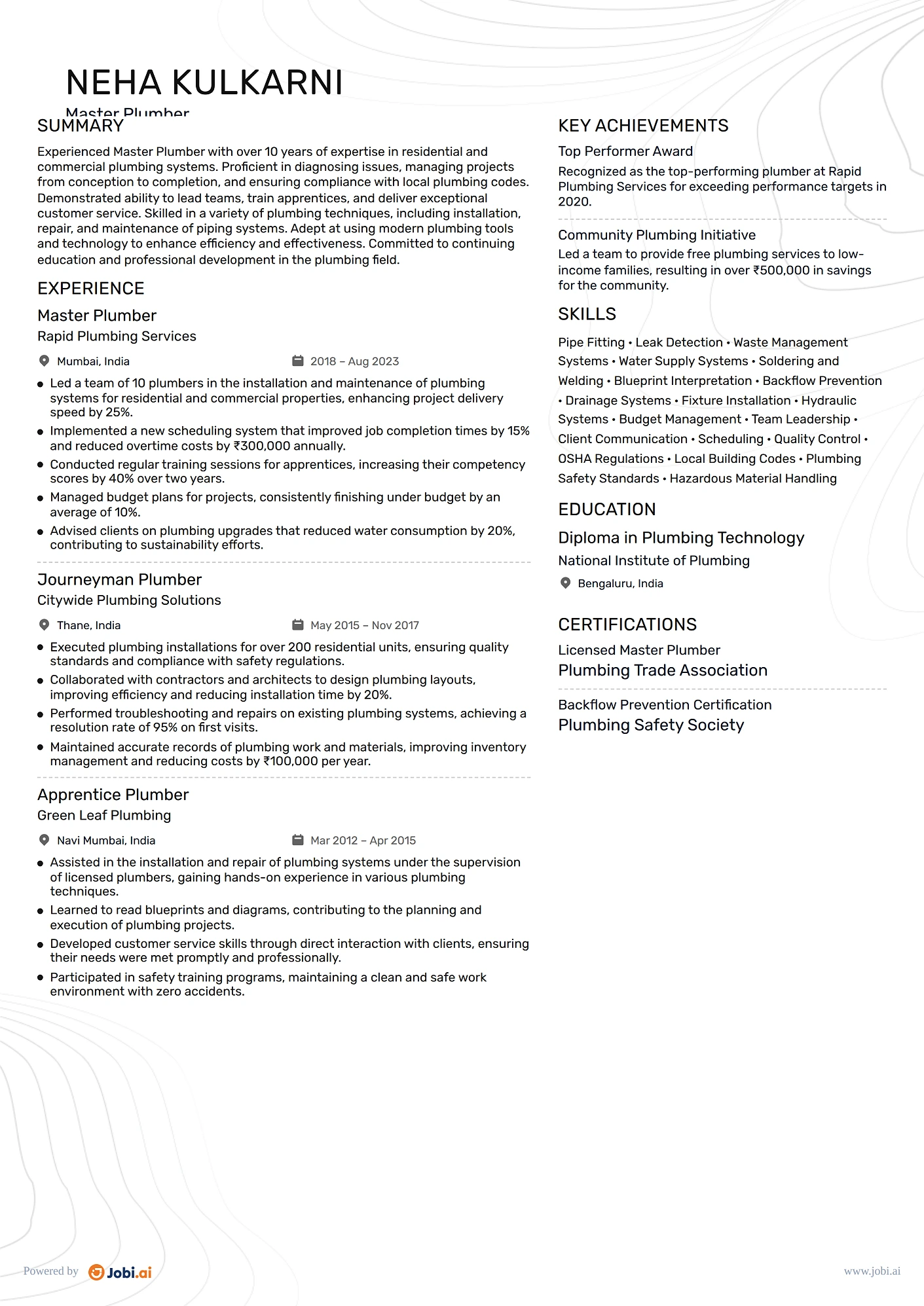 Plumber resume example — Master Plumber