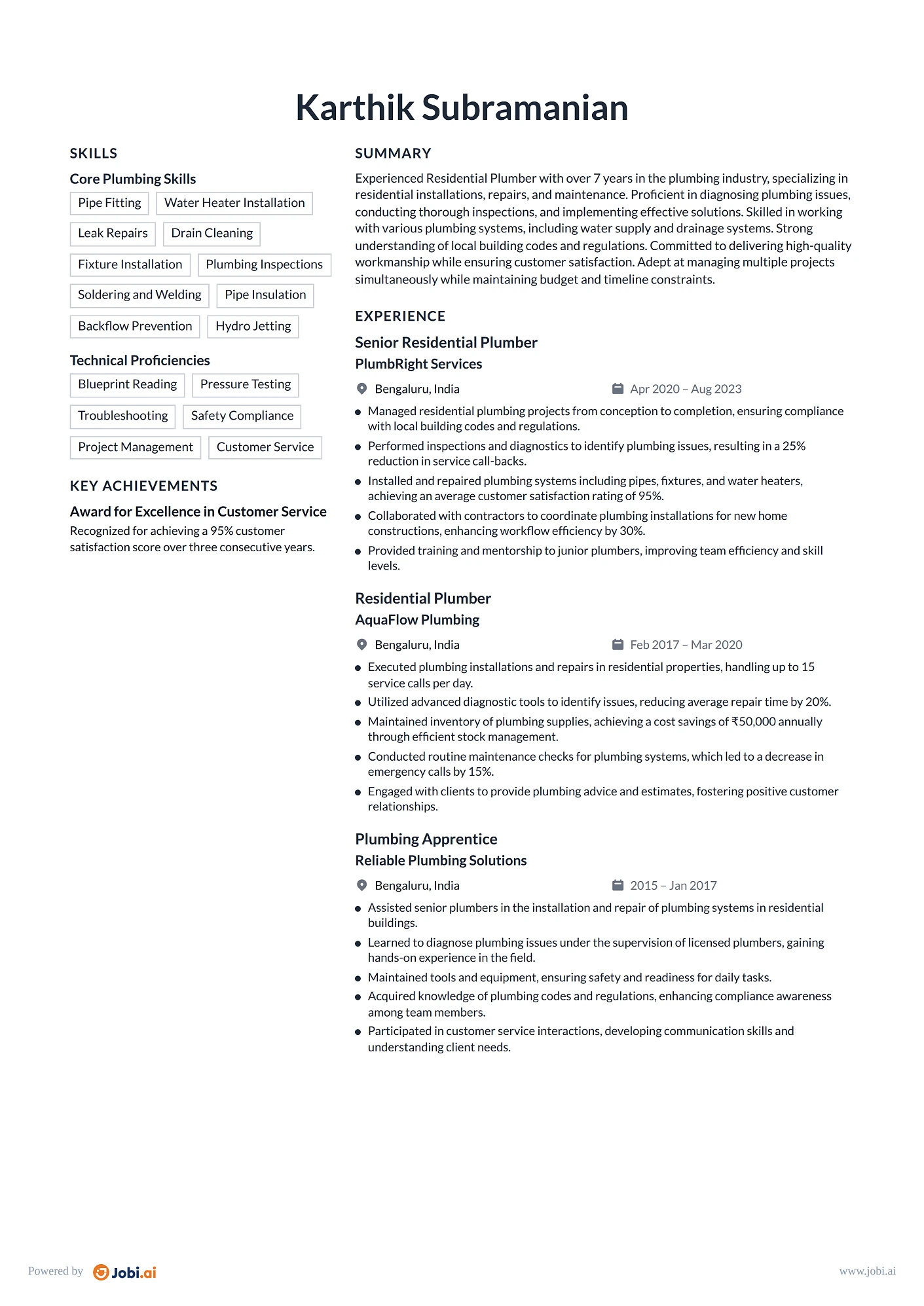 Plumber resume example — Residential Plumber