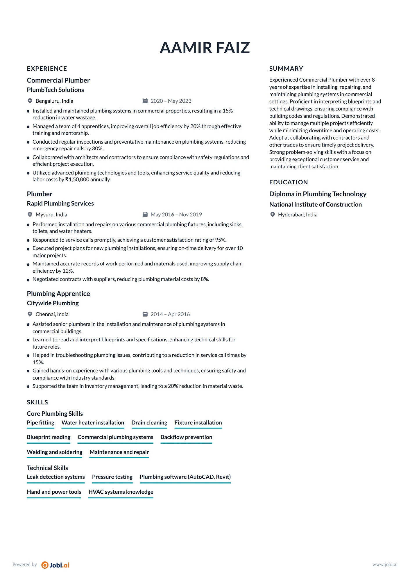 Plumber resume example — Commercial Plumber