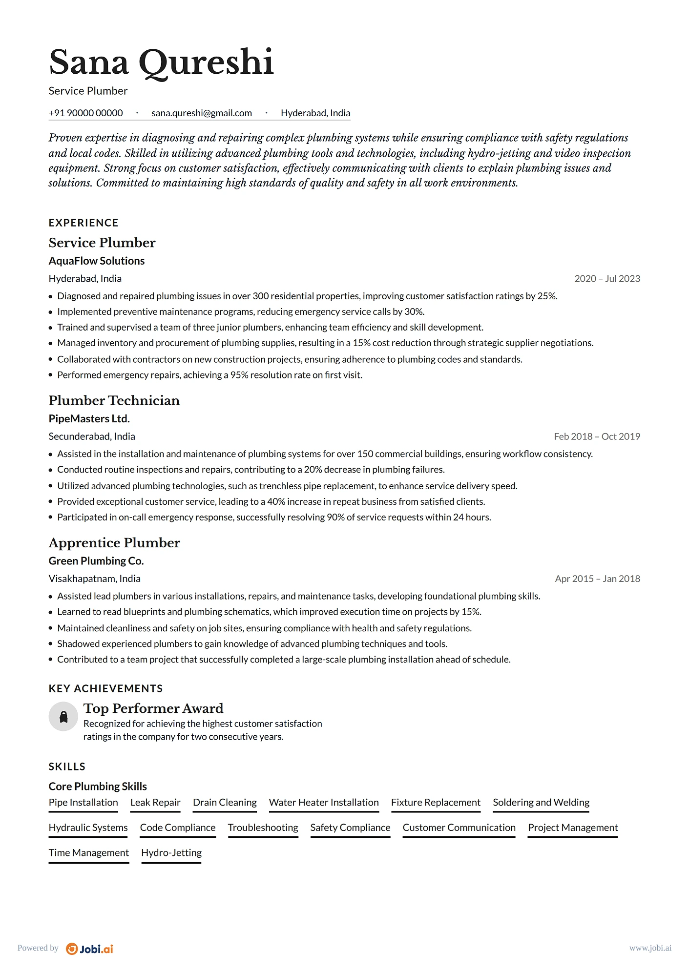 Plumber resume example — Service Plumber