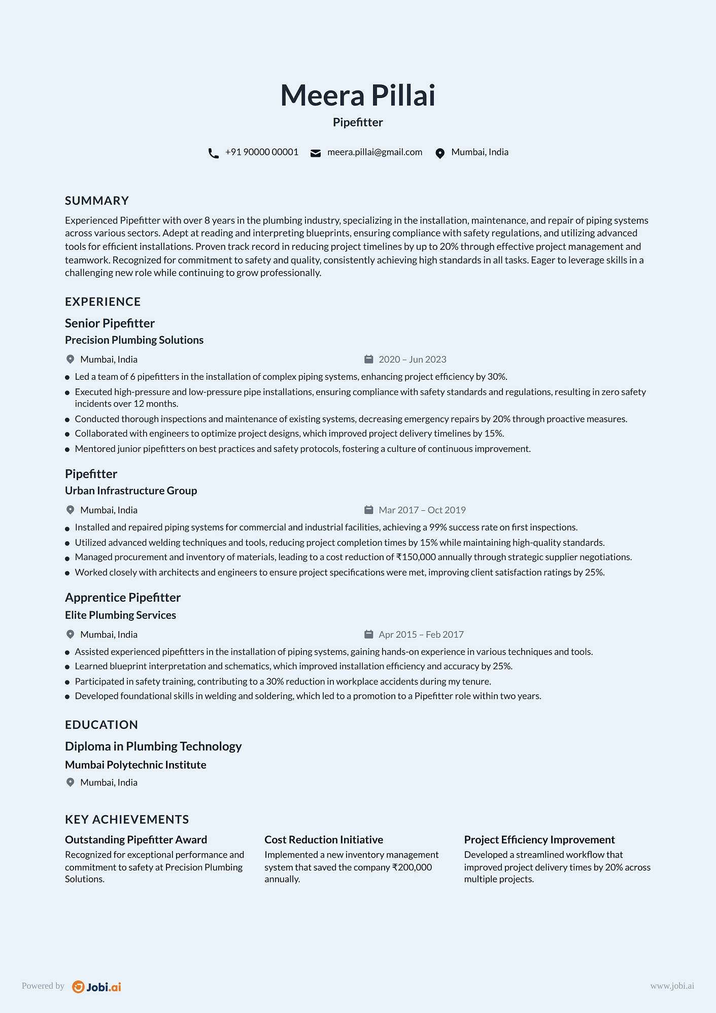 Plumber resume example — Pipefitter