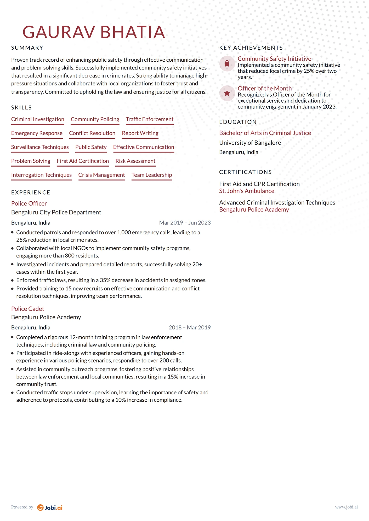 Police Officer resume example — Police Officer I