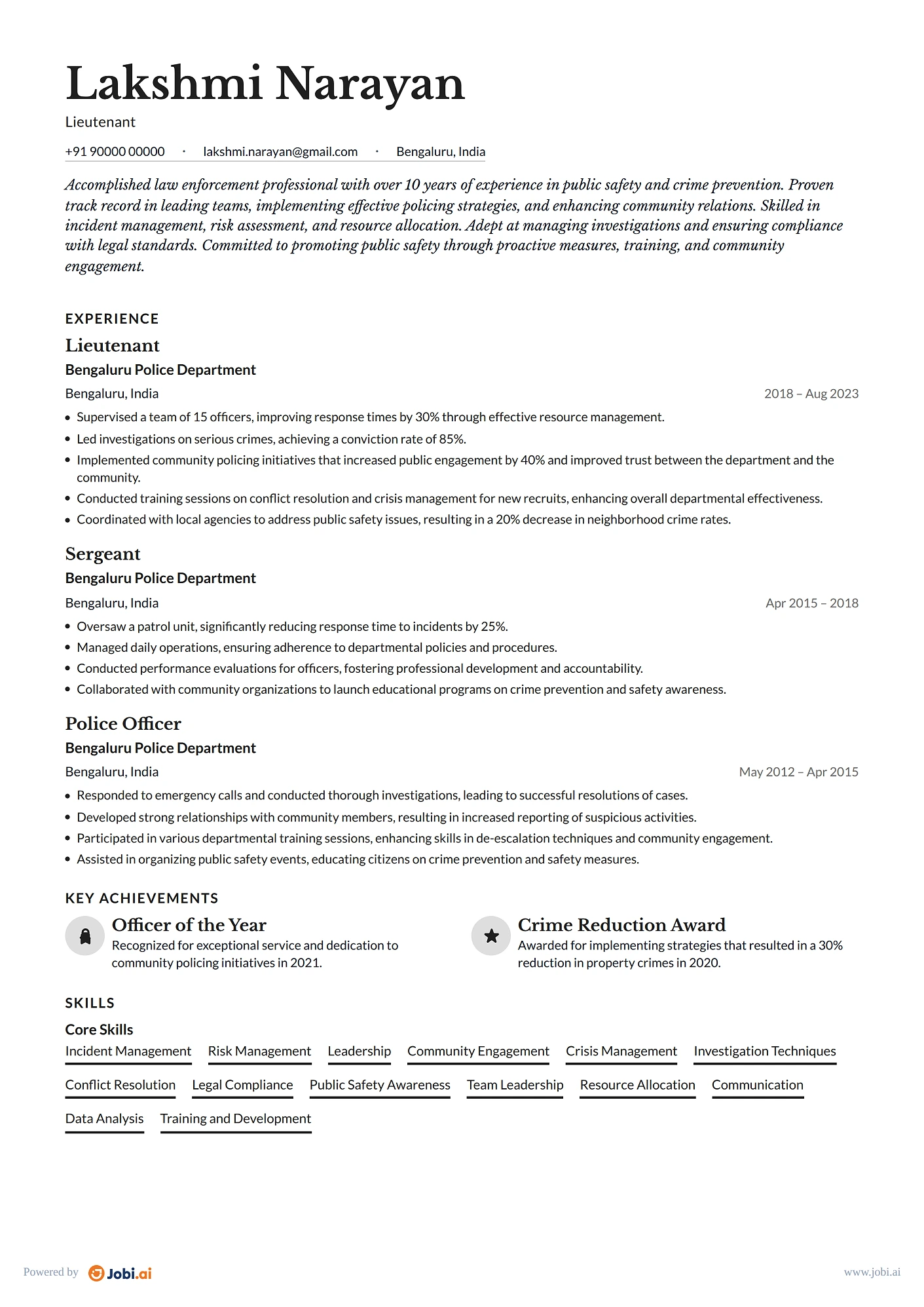 Police Officer resume example — Lieutenant