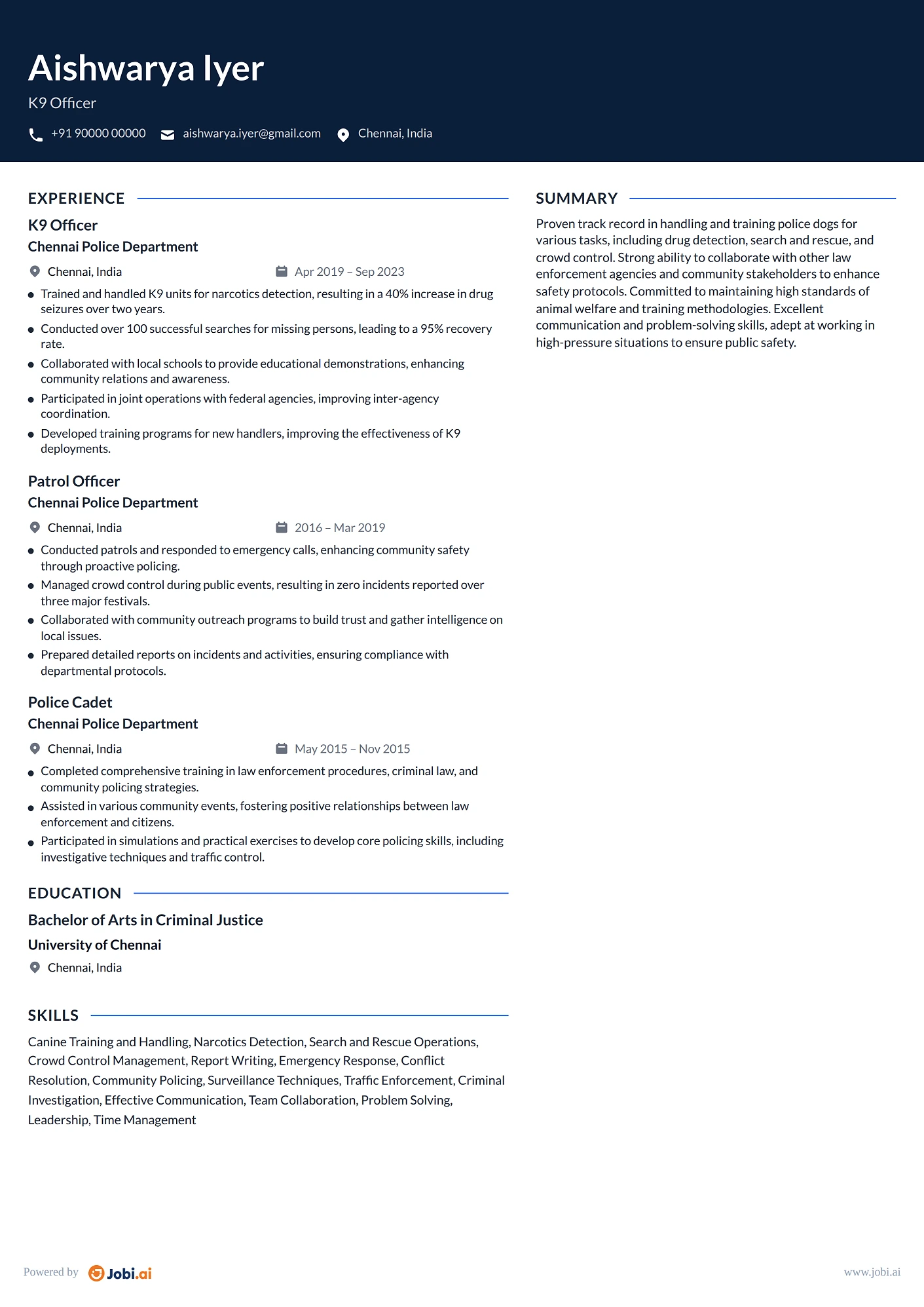 Police Officer resume example — K9 Officer
