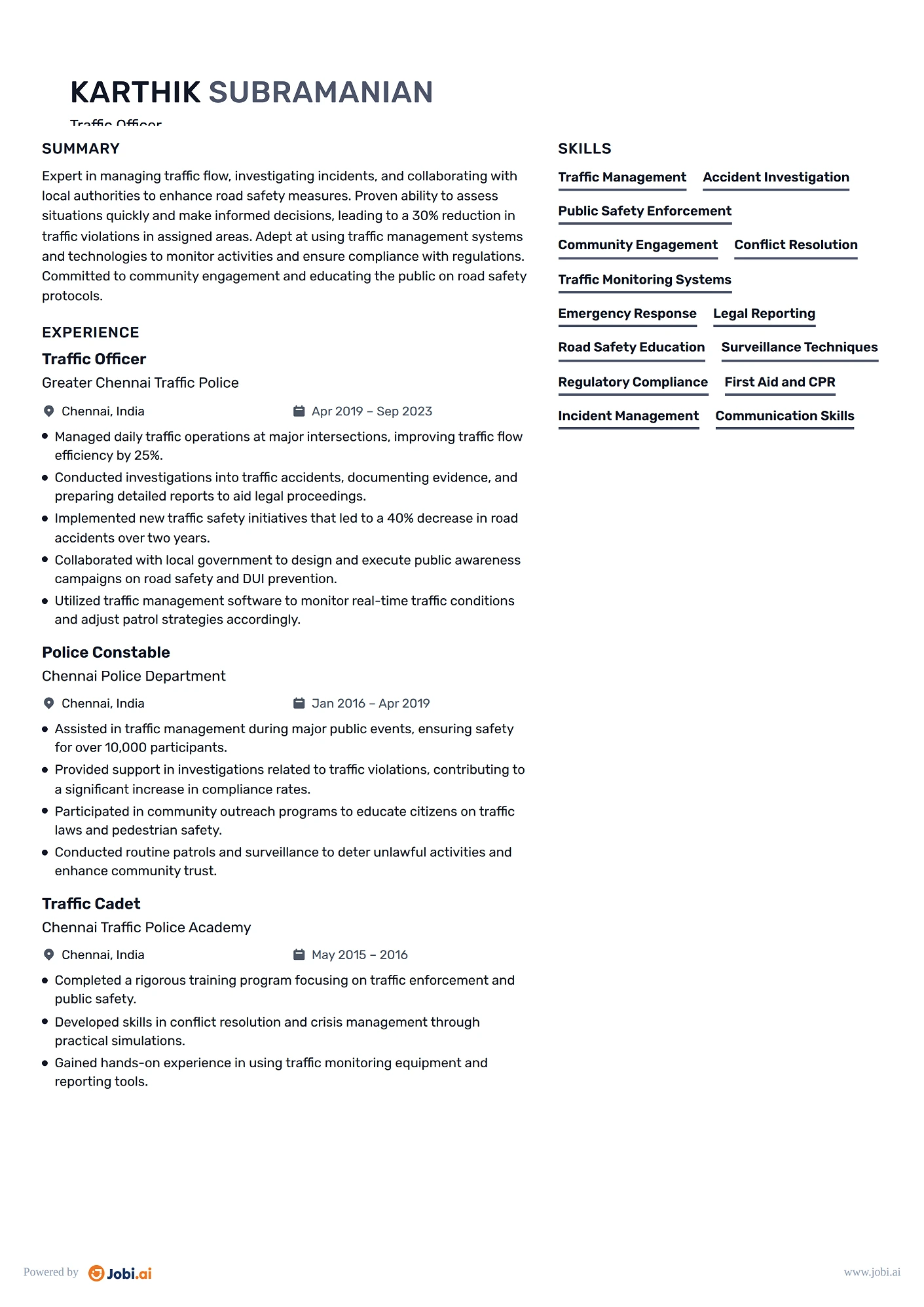 Police Officer resume example — Traffic Officer