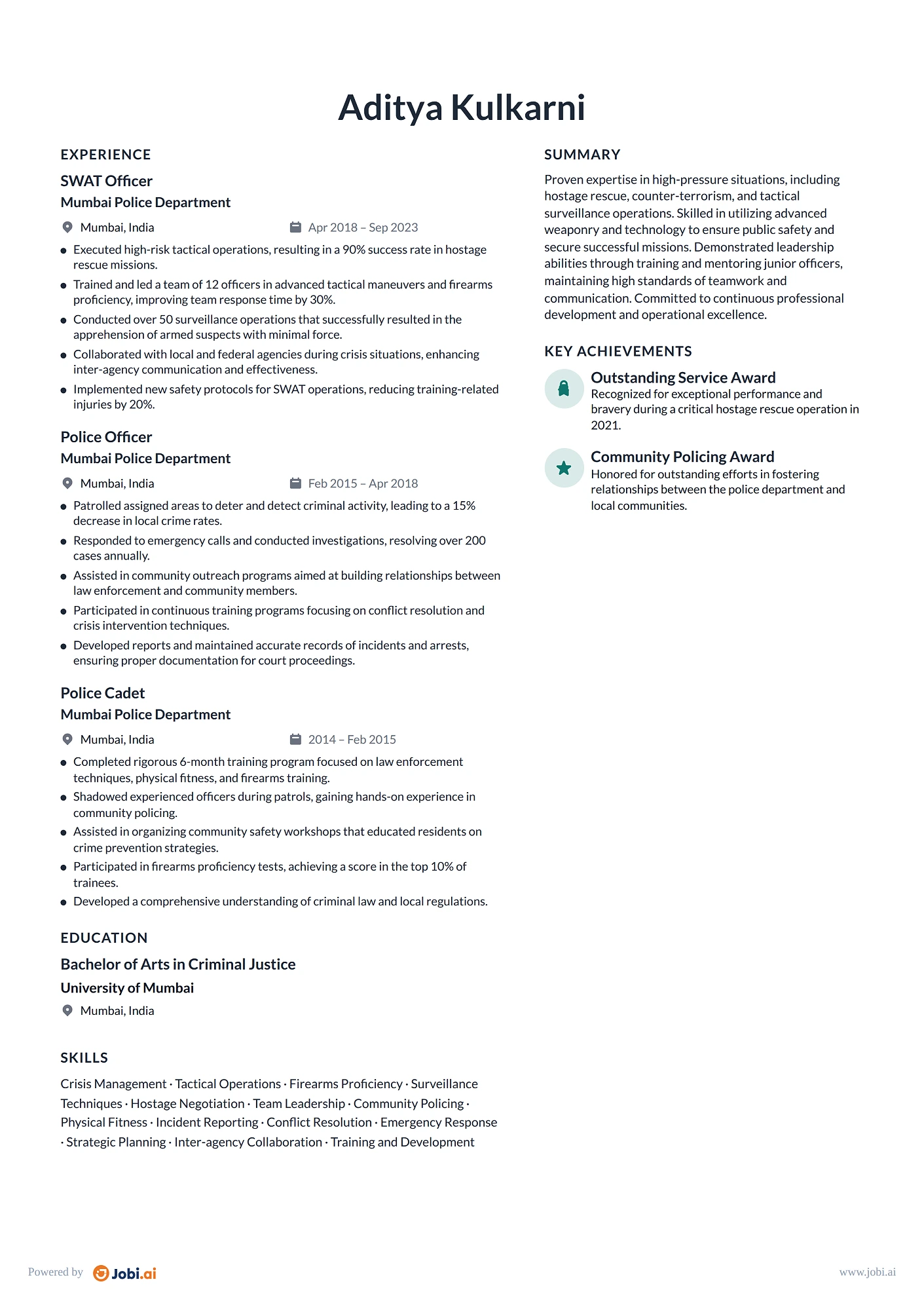 Police Officer resume example — SWAT Officer