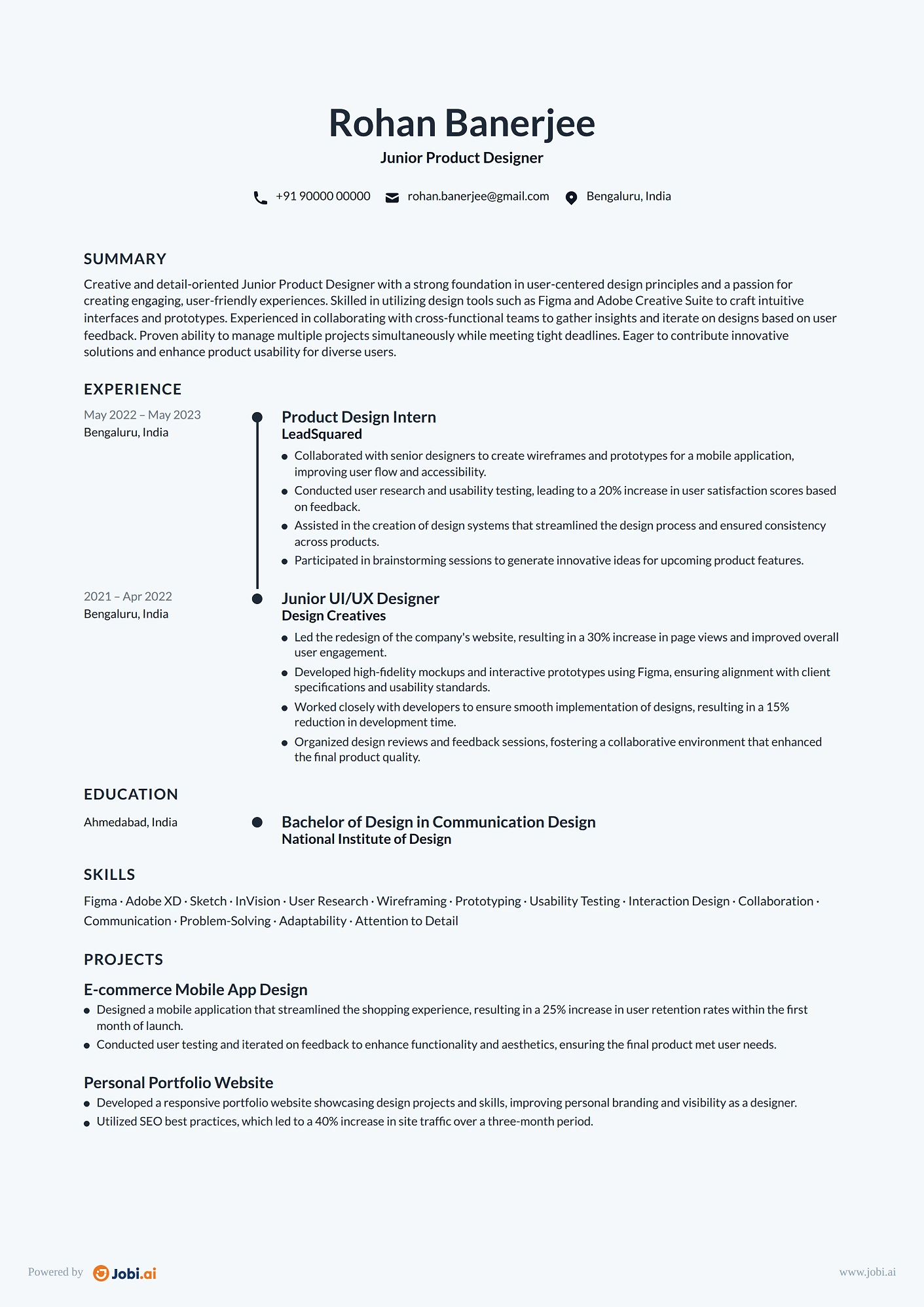 Product Designer resume example — Junior Product Designer