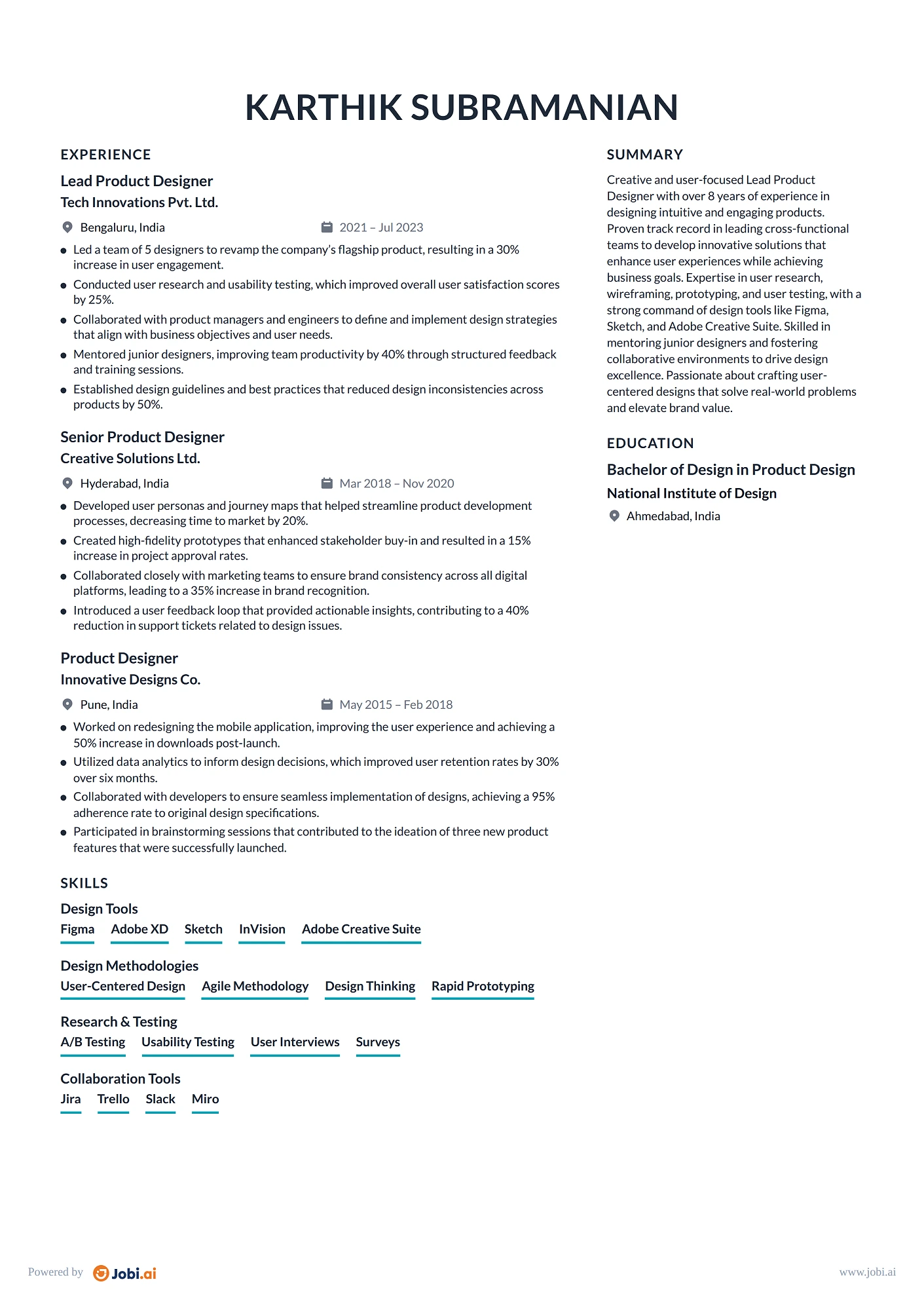 Product Designer resume example — Lead Product Designer
