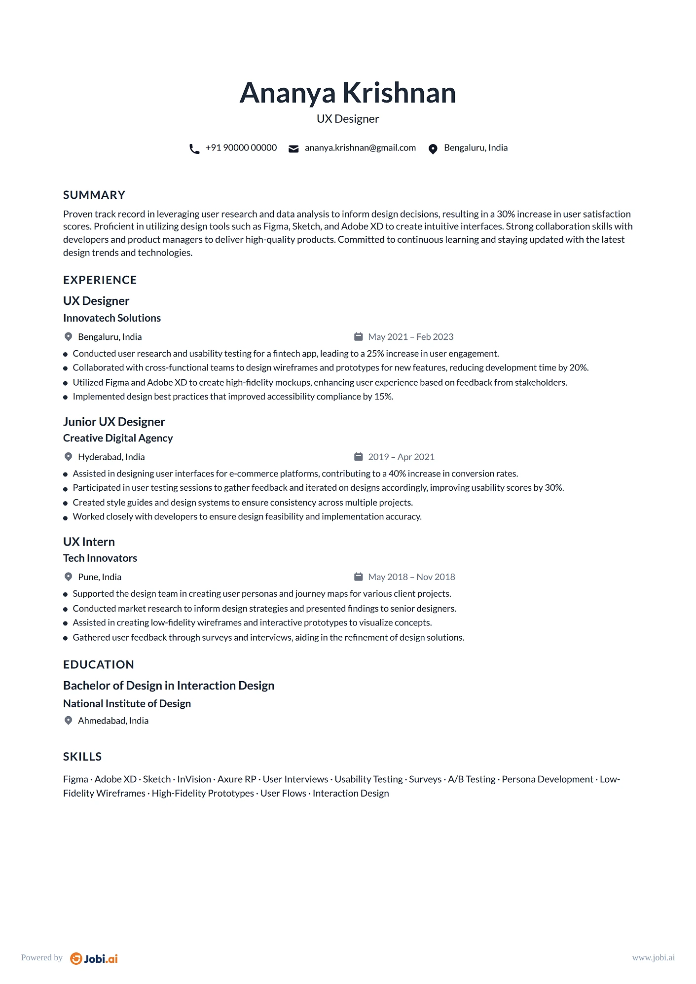 Product Designer resume example — UX Designer