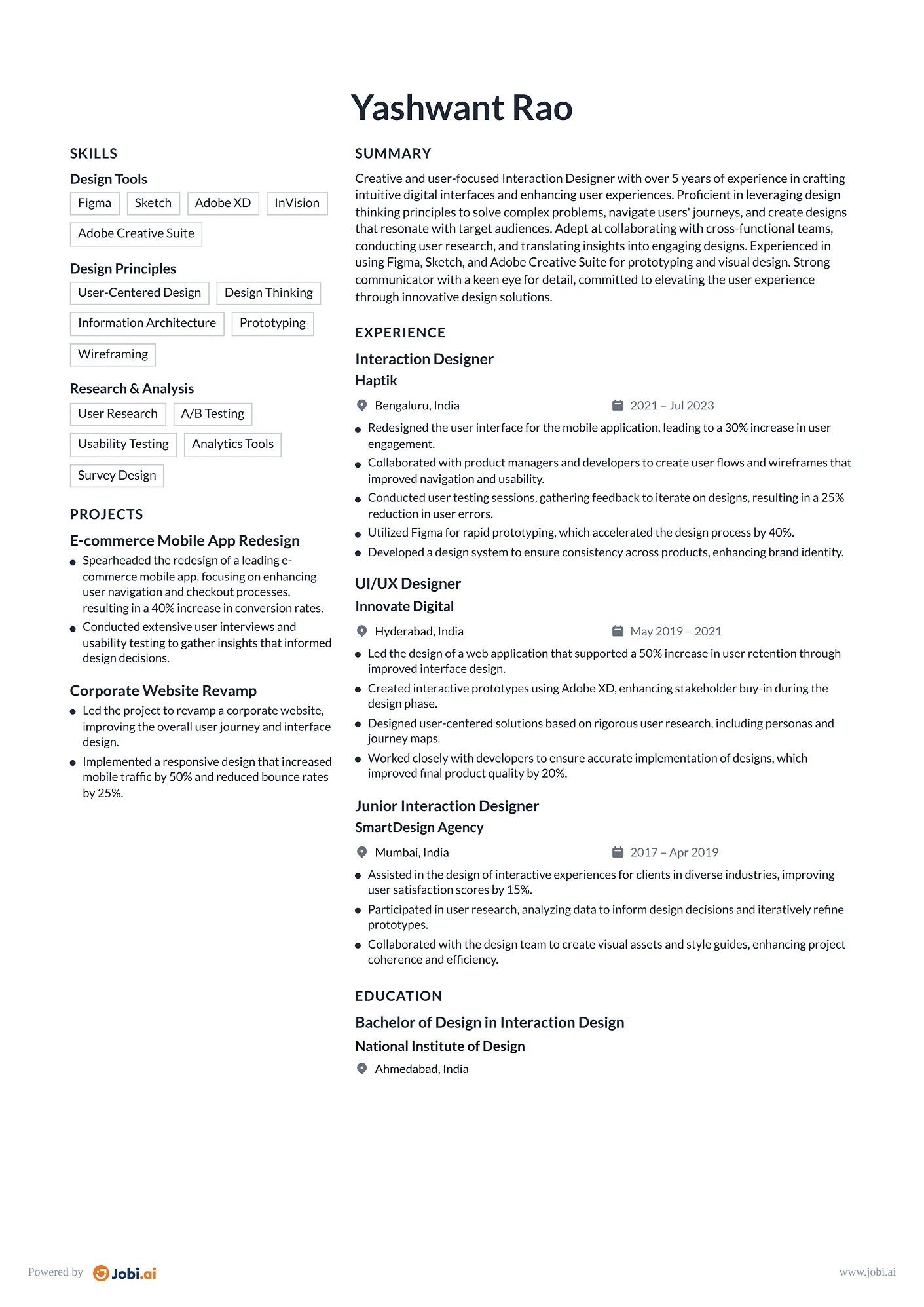 Product Designer resume example — Interaction Designer